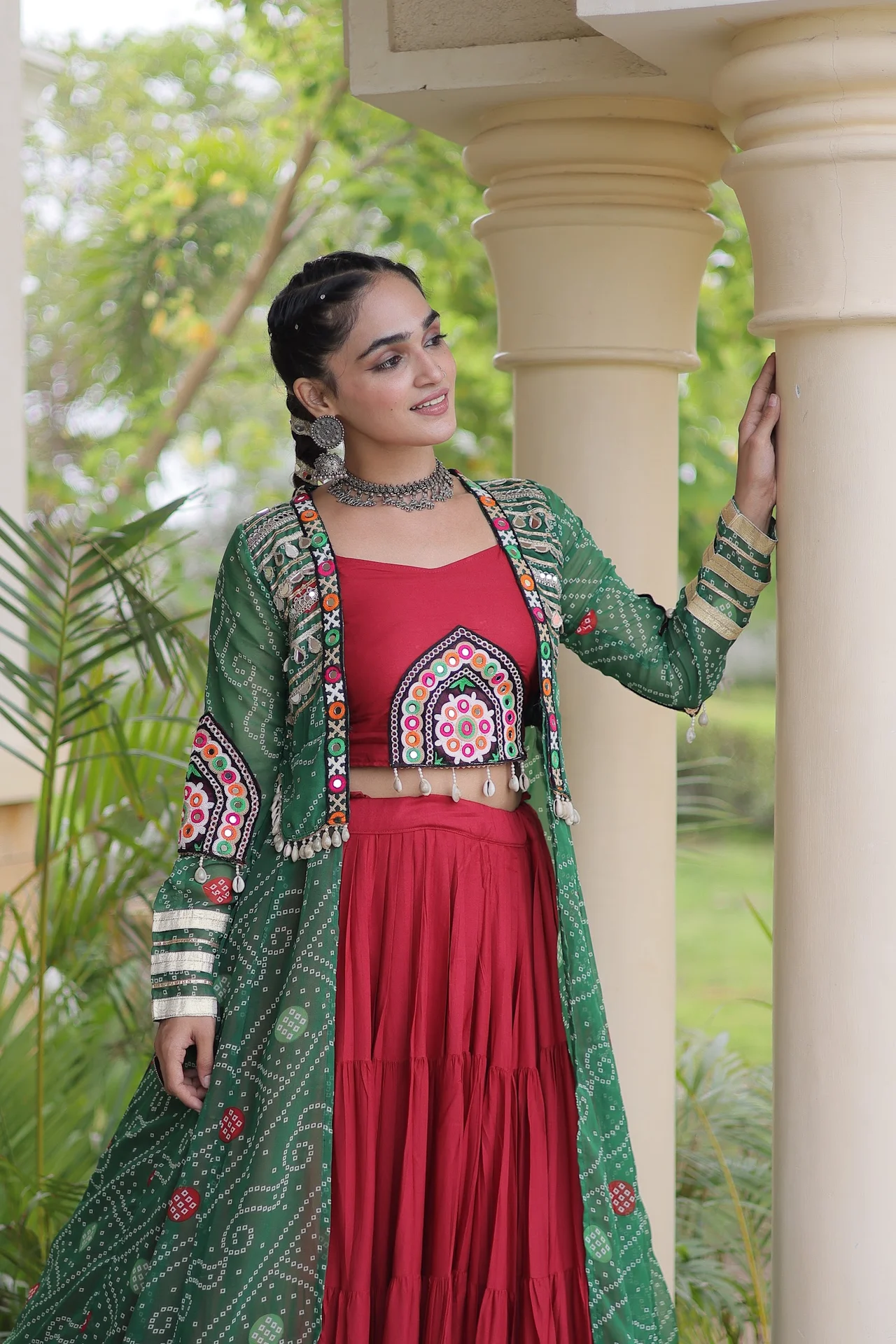Women's Rayon Lehenga Choli with Bandhani Print Shrug in Bottle Green — photo 3 of 5