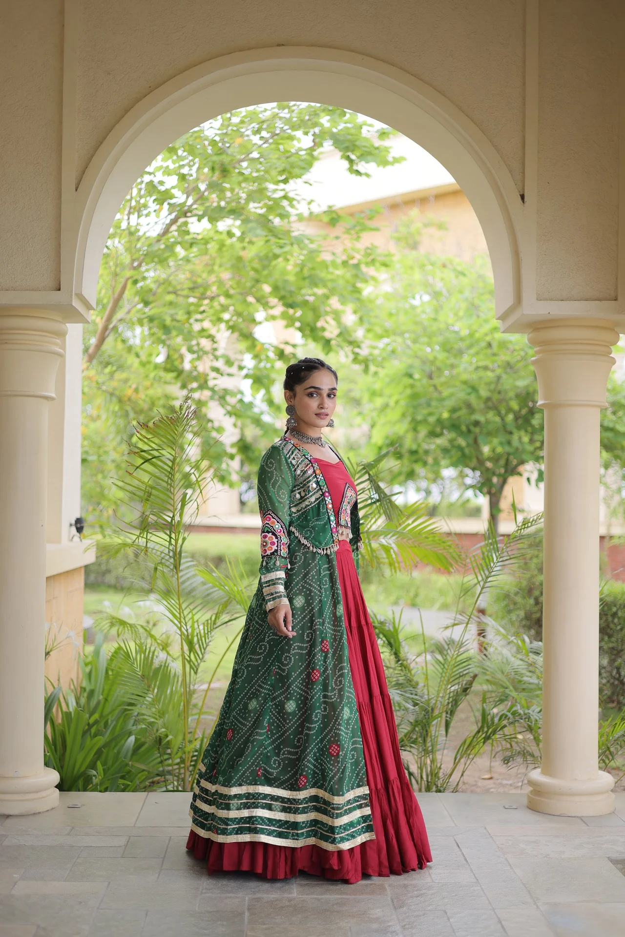 Women's Rayon Lehenga Choli with Bandhani Print Shrug in Bottle Green — photo 4 of 5