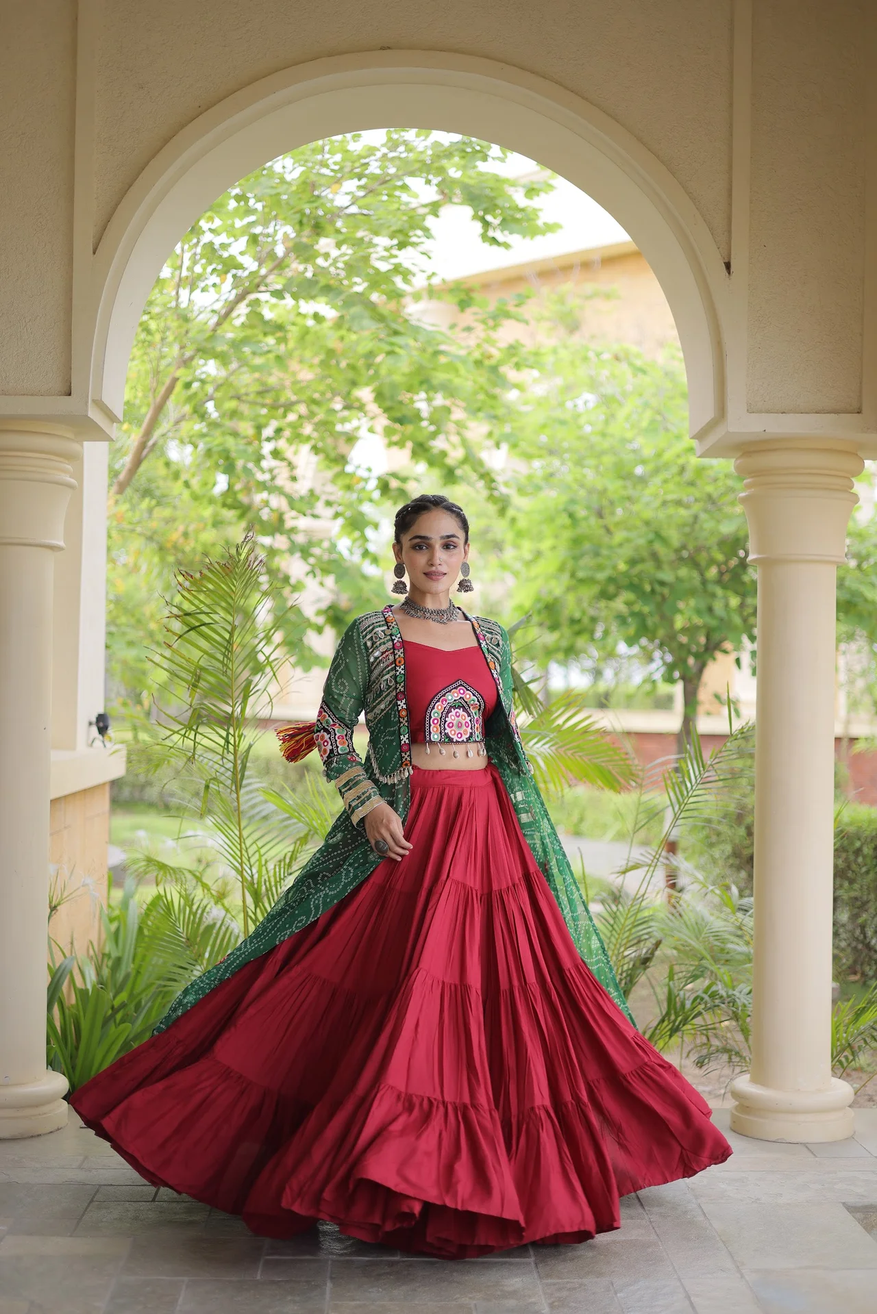 Women's Rayon Lehenga Choli with Bandhani Print Shrug in Bottle Green — photo 5 of 5