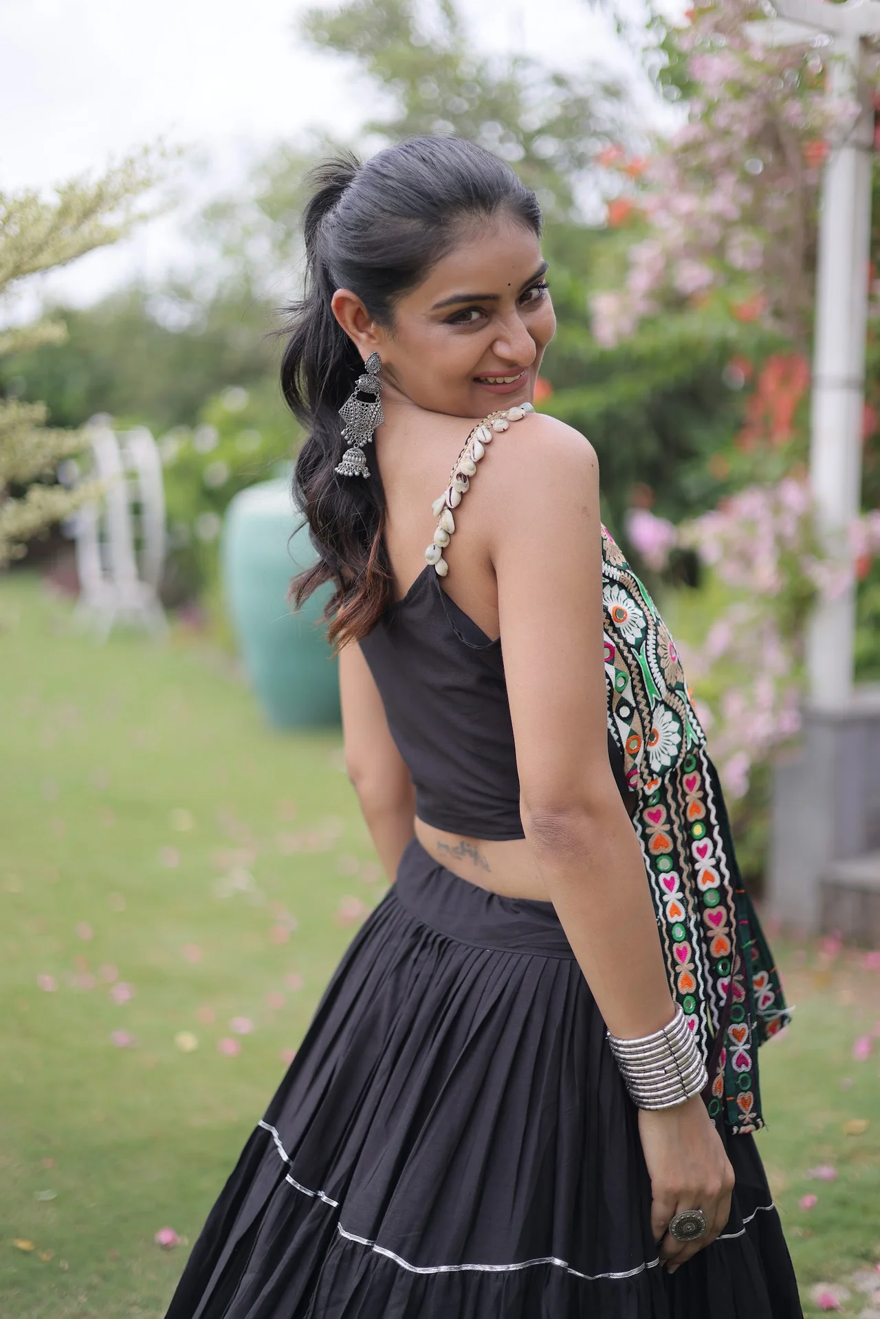 Women's Kora Cotton Lehenga Choli with Sleeveless Stitched Blouse in Black — photo 2 of 7