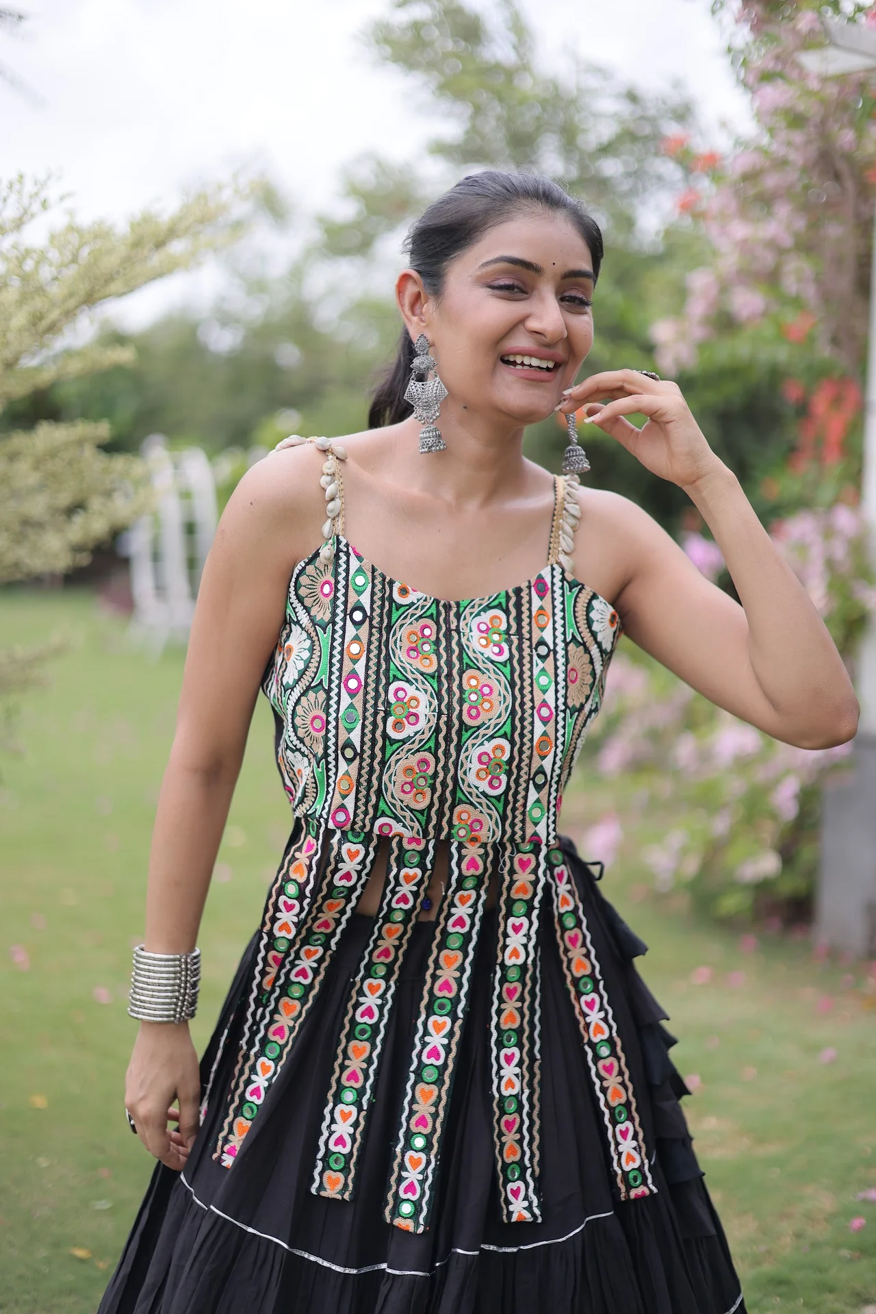 Women's Kora Cotton Lehenga Choli with Sleeveless Stitched Blouse in Black — photo 6 of 7
