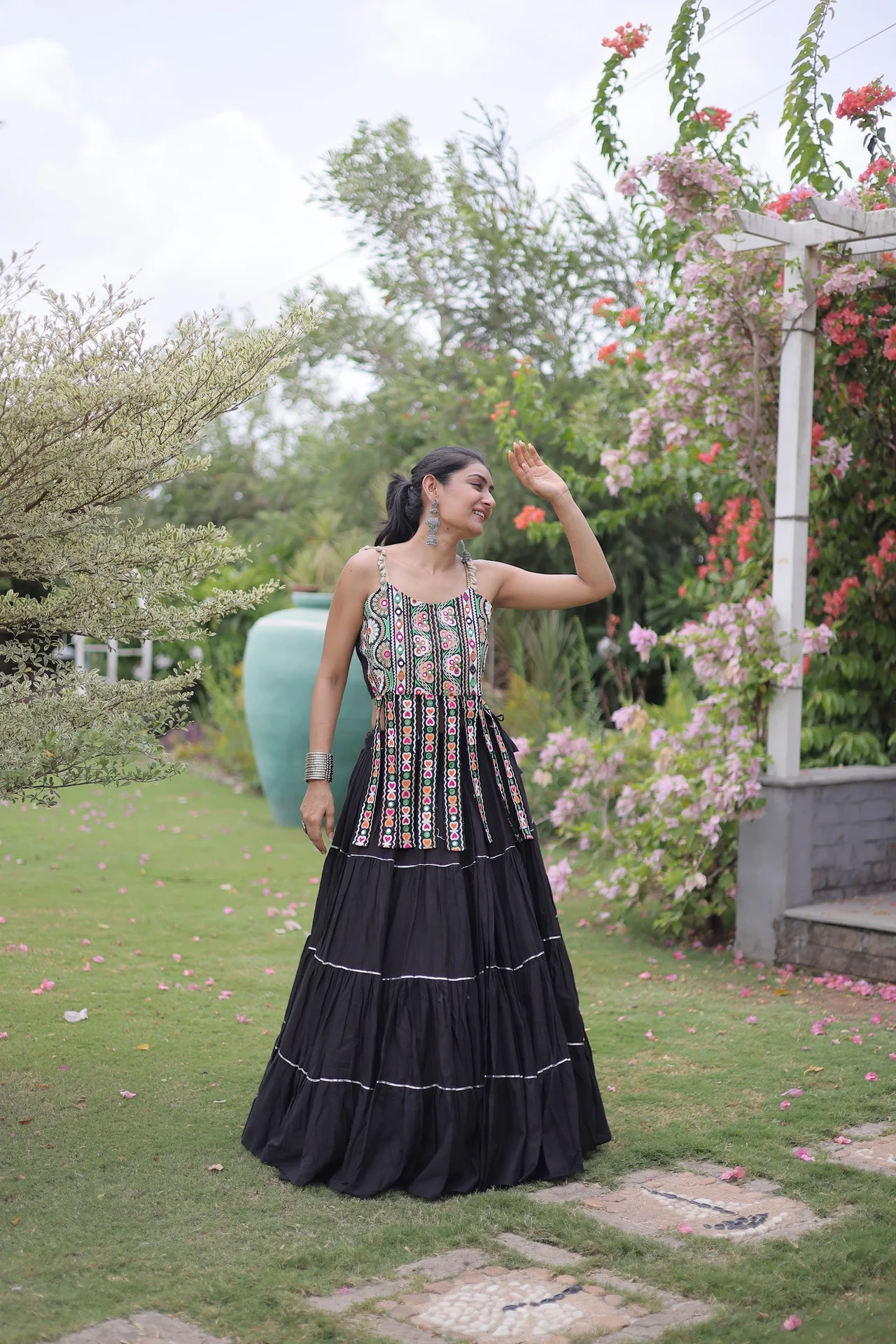 Women's Kora Cotton Lehenga Choli with Sleeveless Stitched Blouse in Black — photo 7 of 7