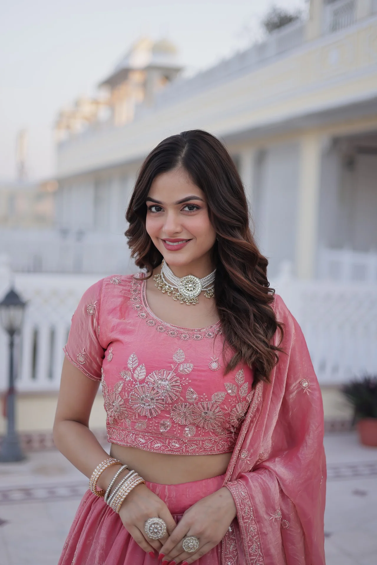 Women's Fendi Silk Lehenga Choli with Round Neck Blouse Piece & Dupatta in Coral — photo 2 of 8