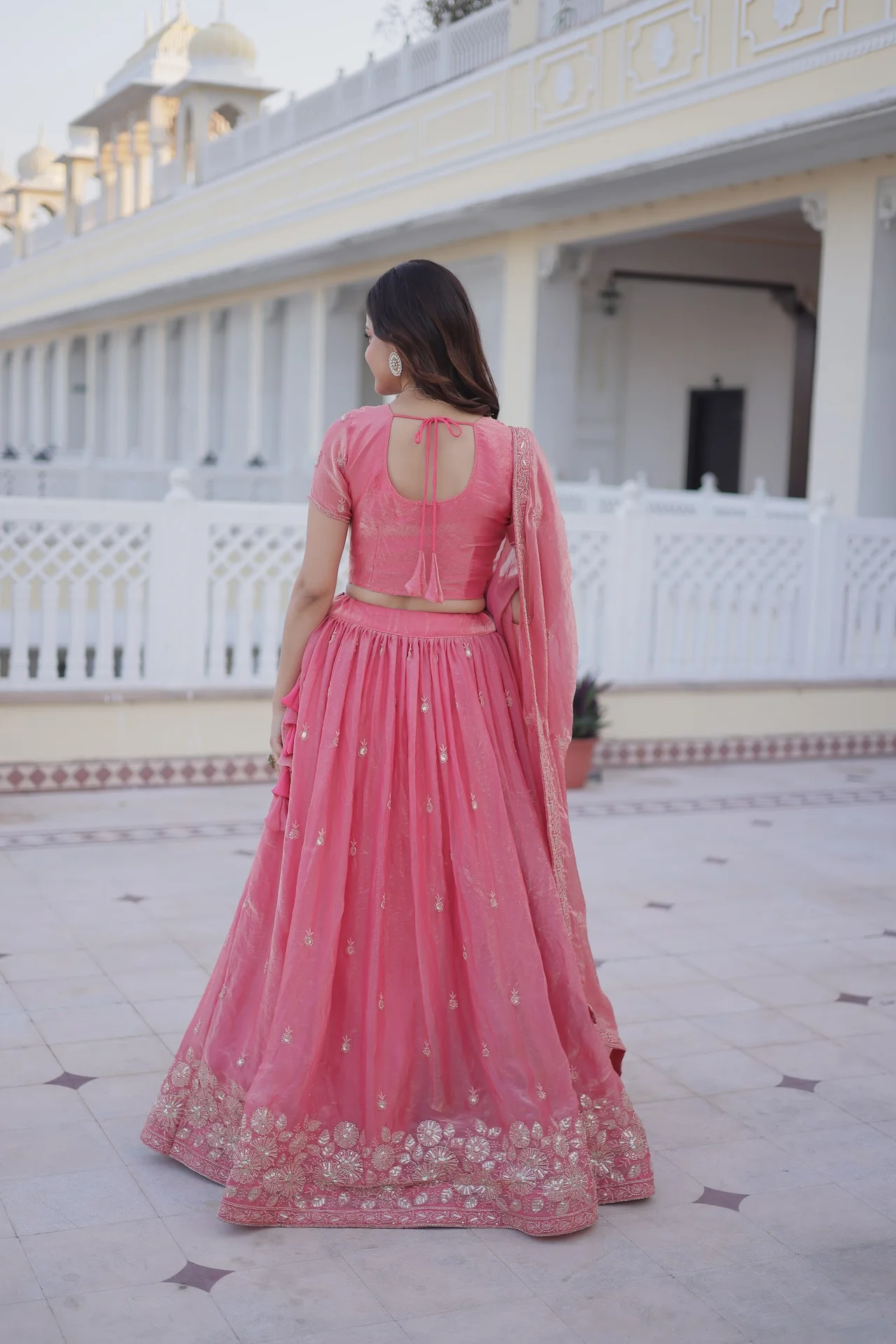 Women's Fendi Silk Lehenga Choli with Round Neck Blouse Piece & Dupatta in Coral — photo 3 of 8