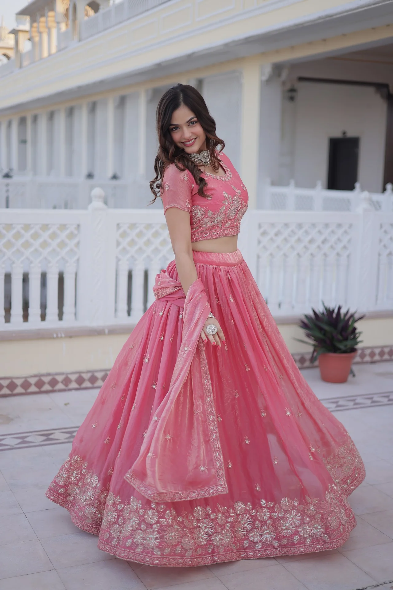 Women's Fendi Silk Lehenga Choli with Round Neck Blouse Piece & Dupatta in Coral — photo 4 of 8