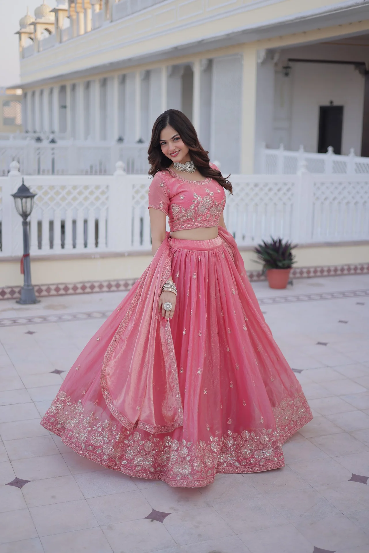 Women's Fendi Silk Lehenga Choli with Round Neck Blouse Piece & Dupatta in Coral — photo 5 of 8