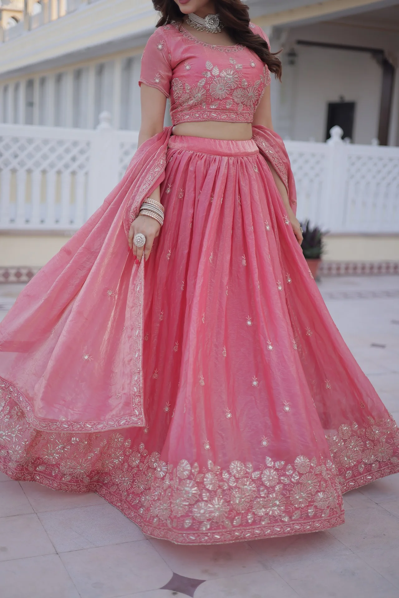 Women's Fendi Silk Lehenga Choli with Round Neck Blouse Piece & Dupatta in Coral — photo 6 of 8