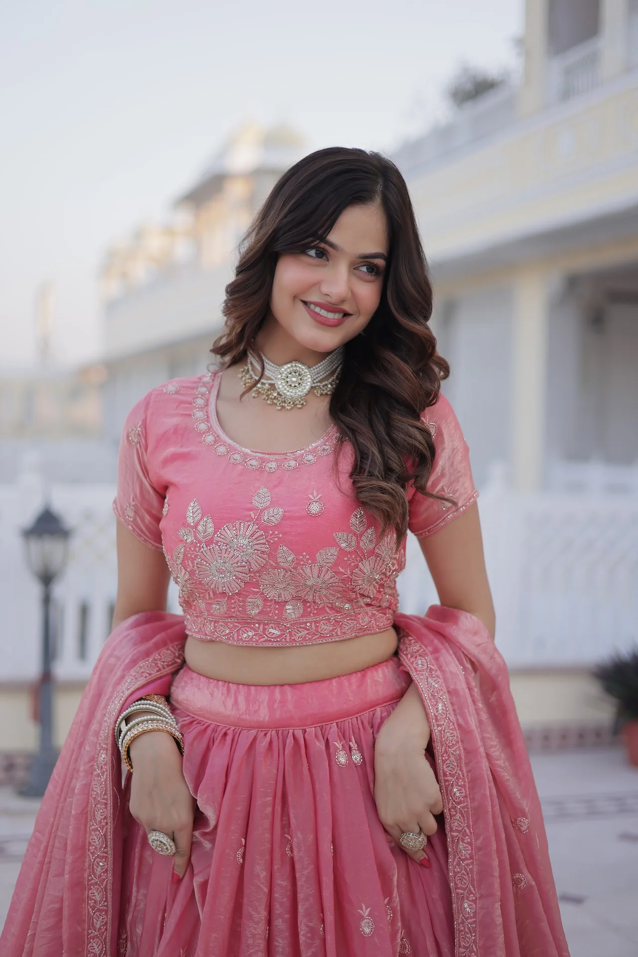 Women's Fendi Silk Lehenga Choli with Round Neck Blouse Piece & Dupatta in Coral — photo 7 of 8