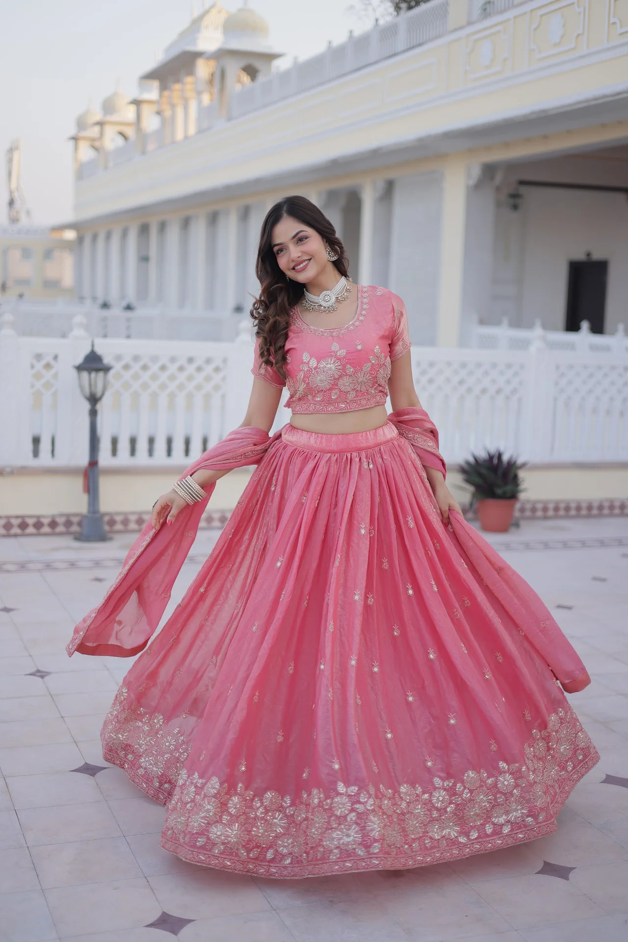 Women's Fendi Silk Lehenga Choli with Round Neck Blouse Piece & Dupatta in Coral — photo 8 of 8
