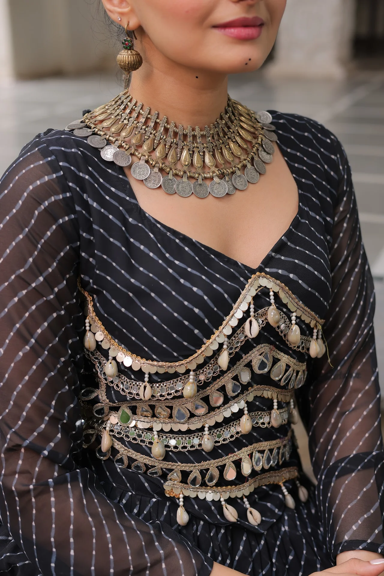 Women's Leheriya Print Lehenga Choli with Full Sleeve Blouse in Black — photo 2 of 7