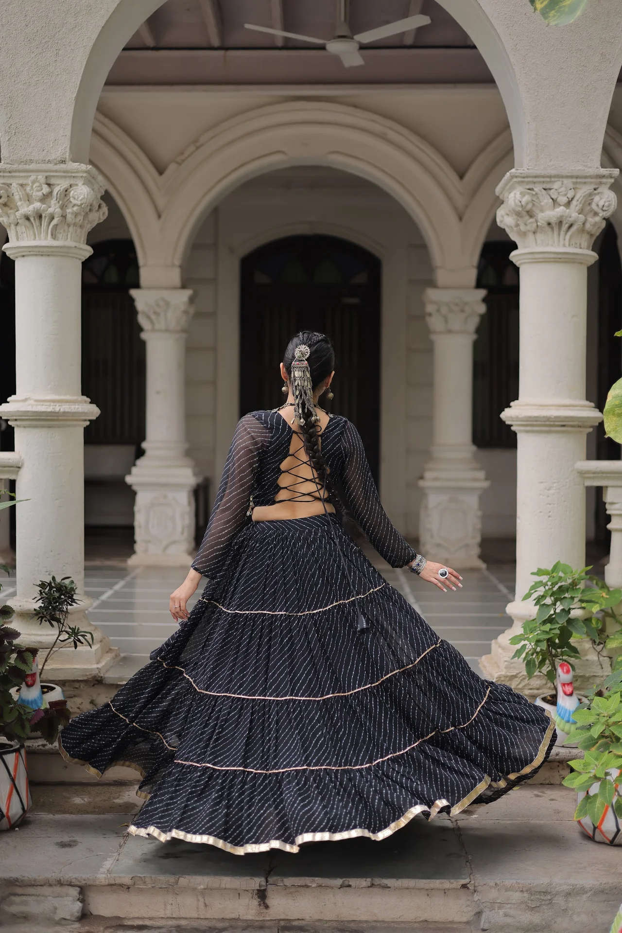 Women's Leheriya Print Lehenga Choli with Full Sleeve Blouse in Black — photo 3 of 7