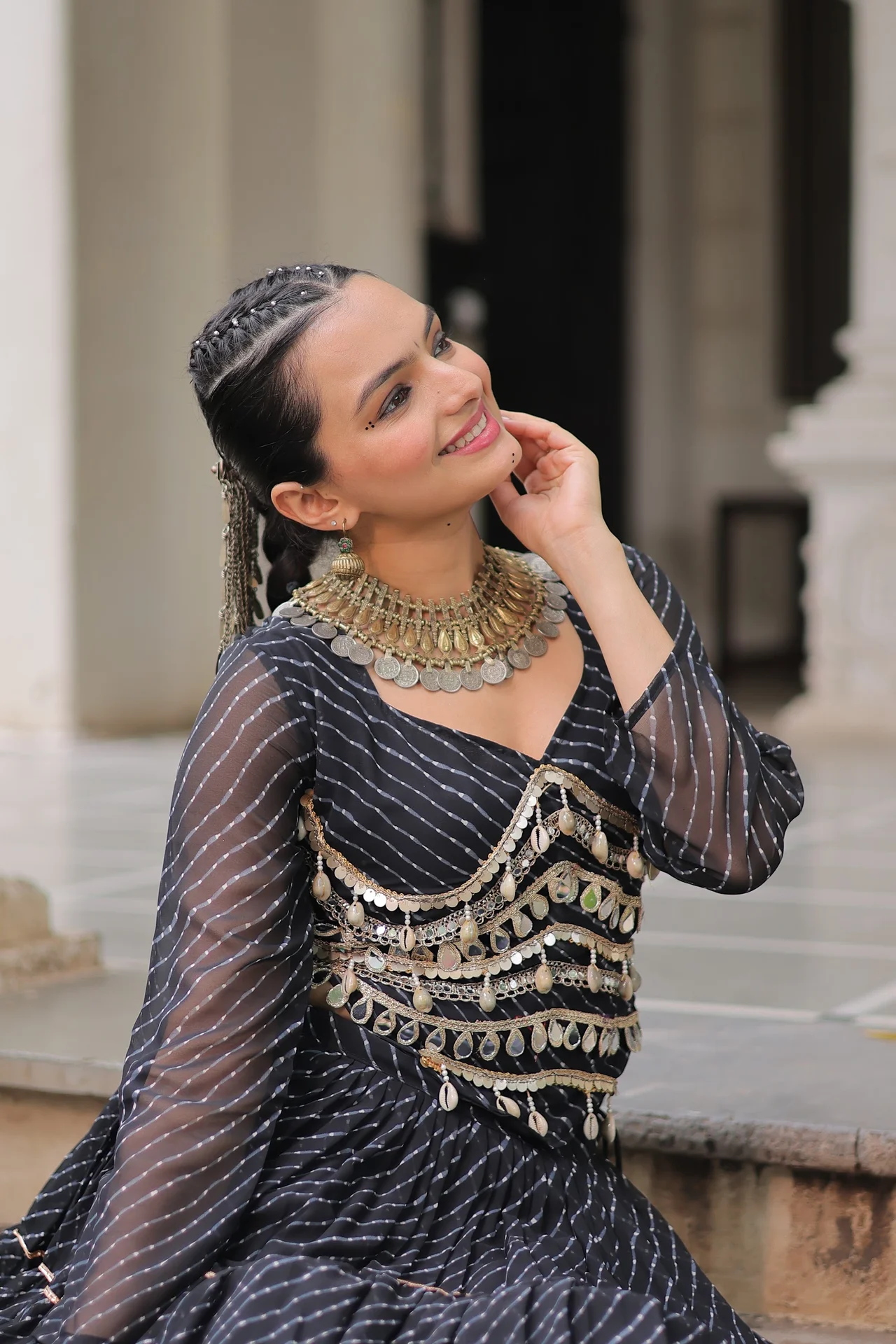 Women's Leheriya Print Lehenga Choli with Full Sleeve Blouse in Black — photo 5 of 7