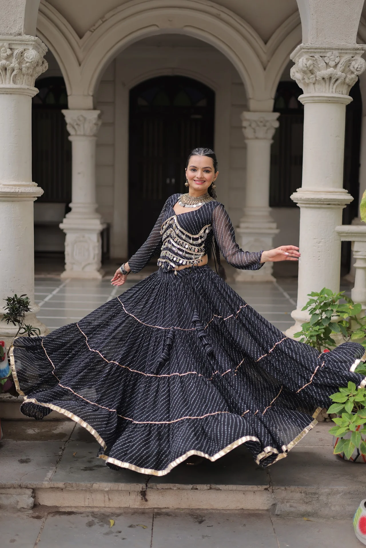 Women's Leheriya Print Lehenga Choli with Full Sleeve Blouse in Black — photo 6 of 7