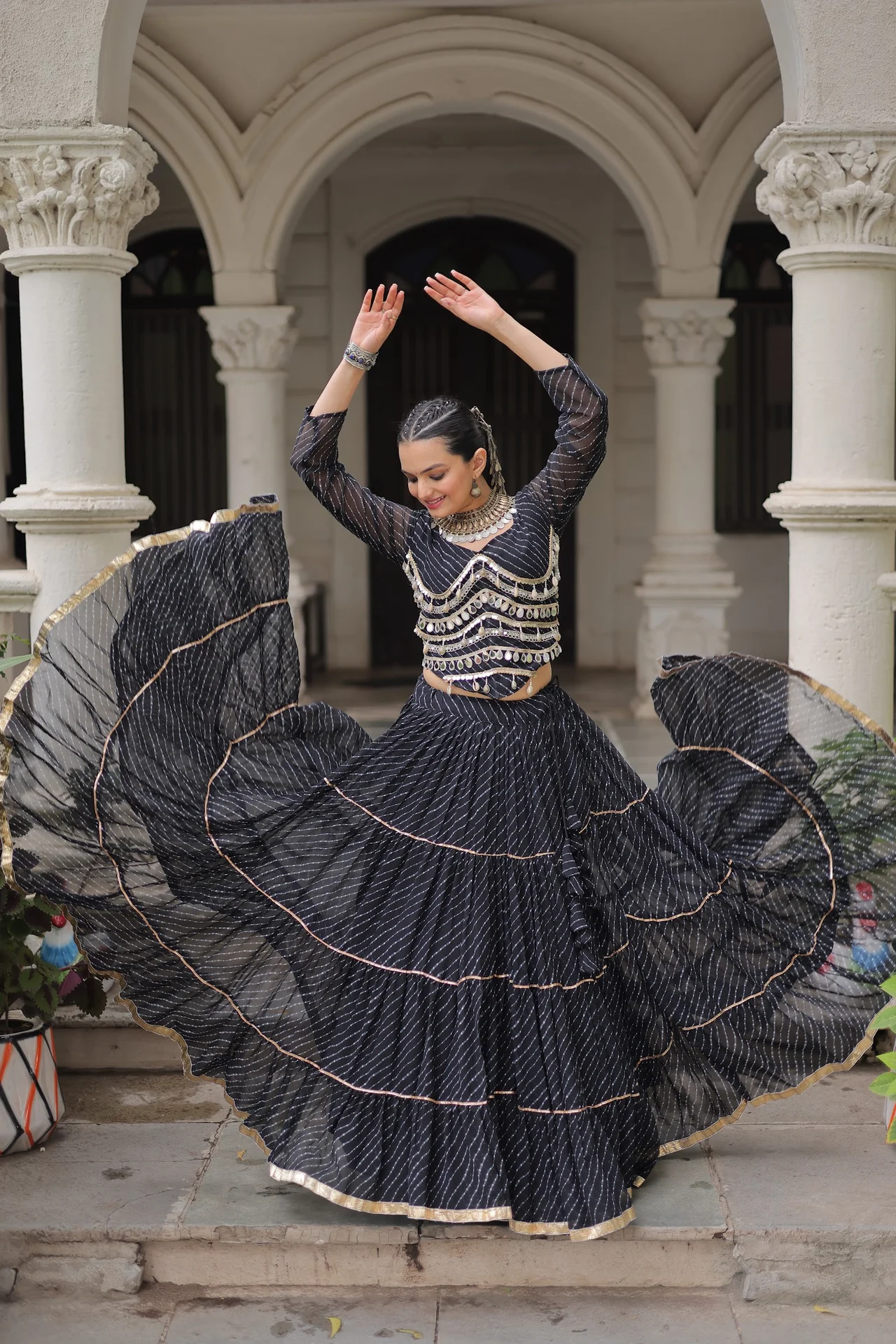 Women's Leheriya Print Lehenga Choli with Full Sleeve Blouse in Black — photo 7 of 7