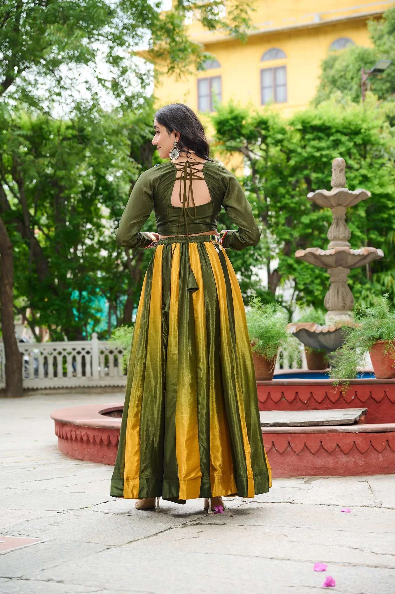 Women's Chinnon Navratri Lehenga Choli with Kutchi Gamthi Embroidery in Mehendi Green — photo 3 of 6
