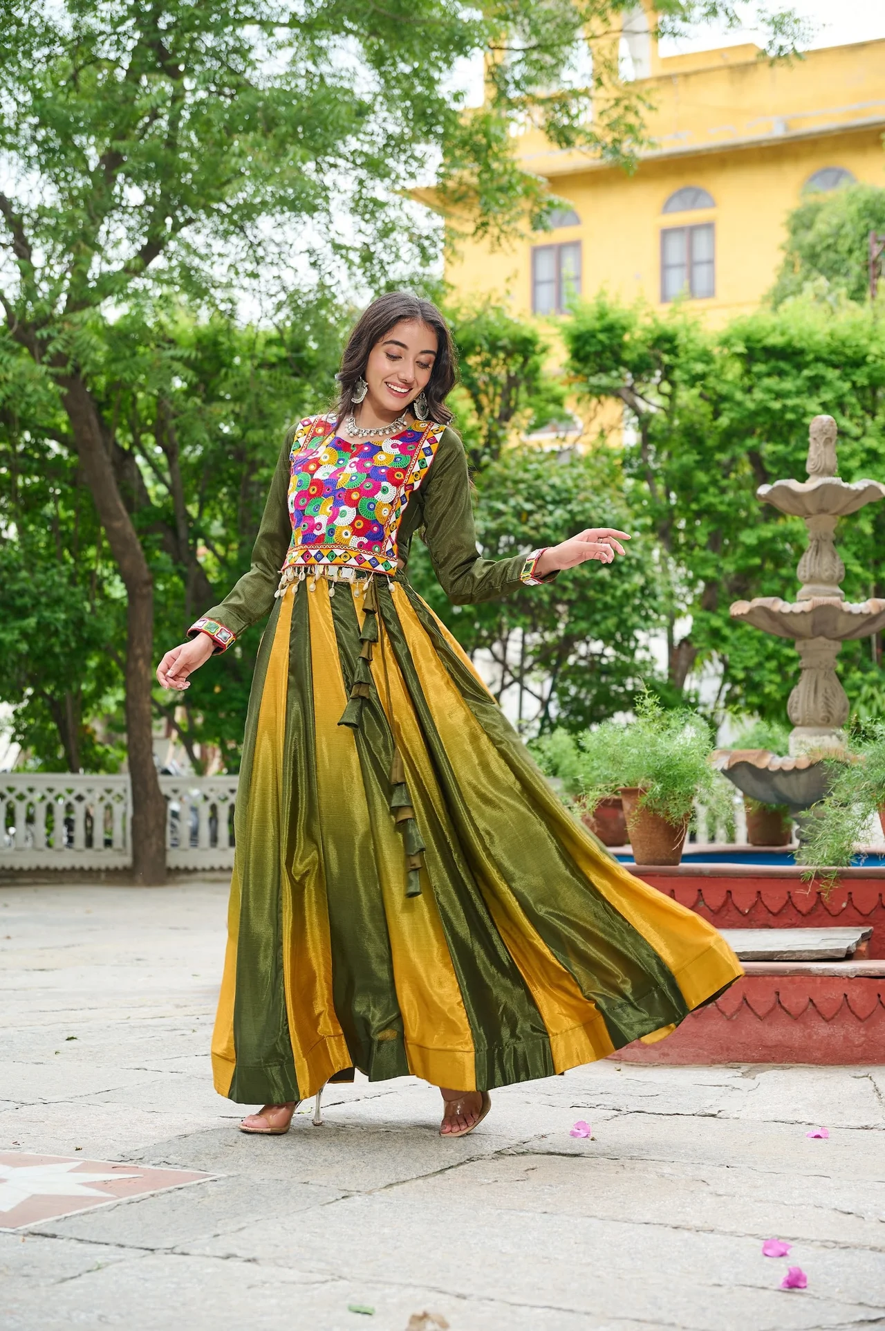 Women's Chinnon Navratri Lehenga Choli with Kutchi Gamthi Embroidery in Mehendi Green — photo 4 of 6