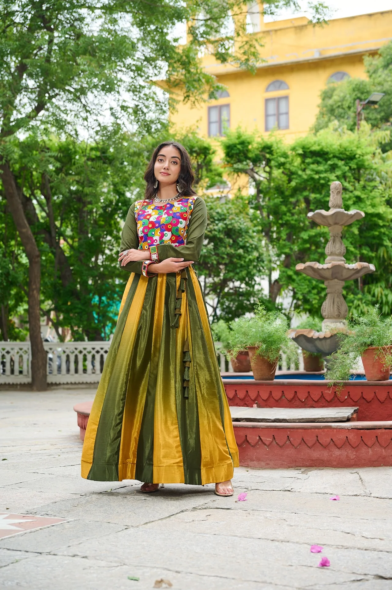 Women's Chinnon Navratri Lehenga Choli with Kutchi Gamthi Embroidery in Mehendi Green — photo 5 of 6
