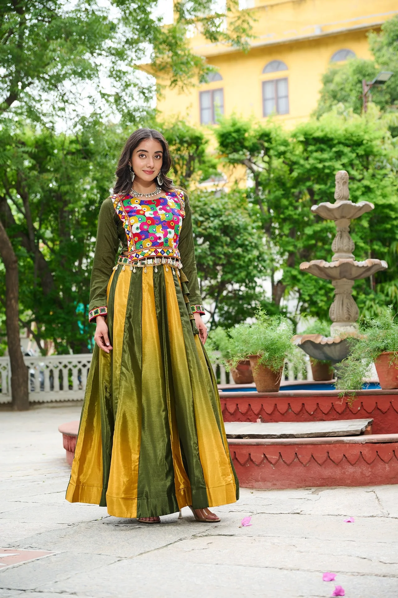 Women's Chinnon Navratri Lehenga Choli with Kutchi Gamthi Embroidery in Mehendi Green — photo 6 of 6