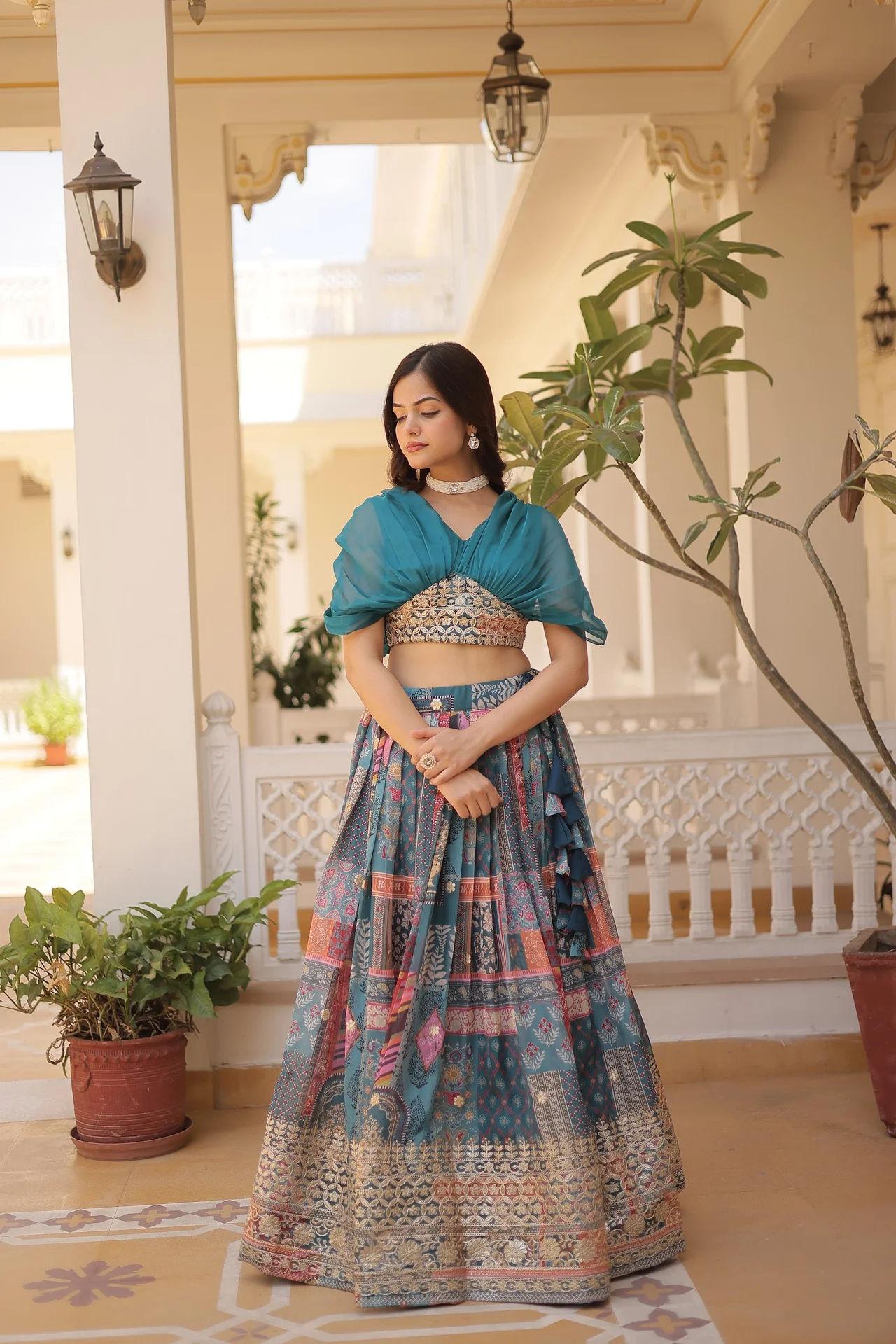 Women's Russian Silk Lehenga Choli with Foil Embroidery in Teal — photo 3 of 7