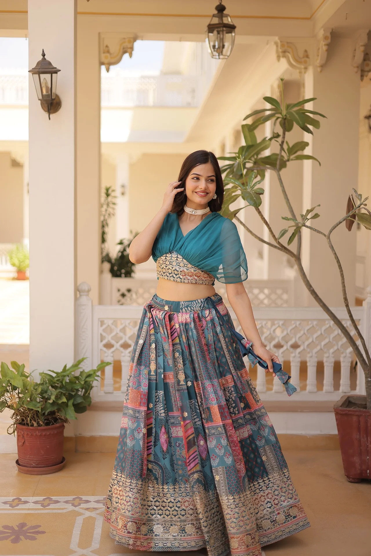 Women's Russian Silk Lehenga Choli with Foil Embroidery in Teal — photo 4 of 7