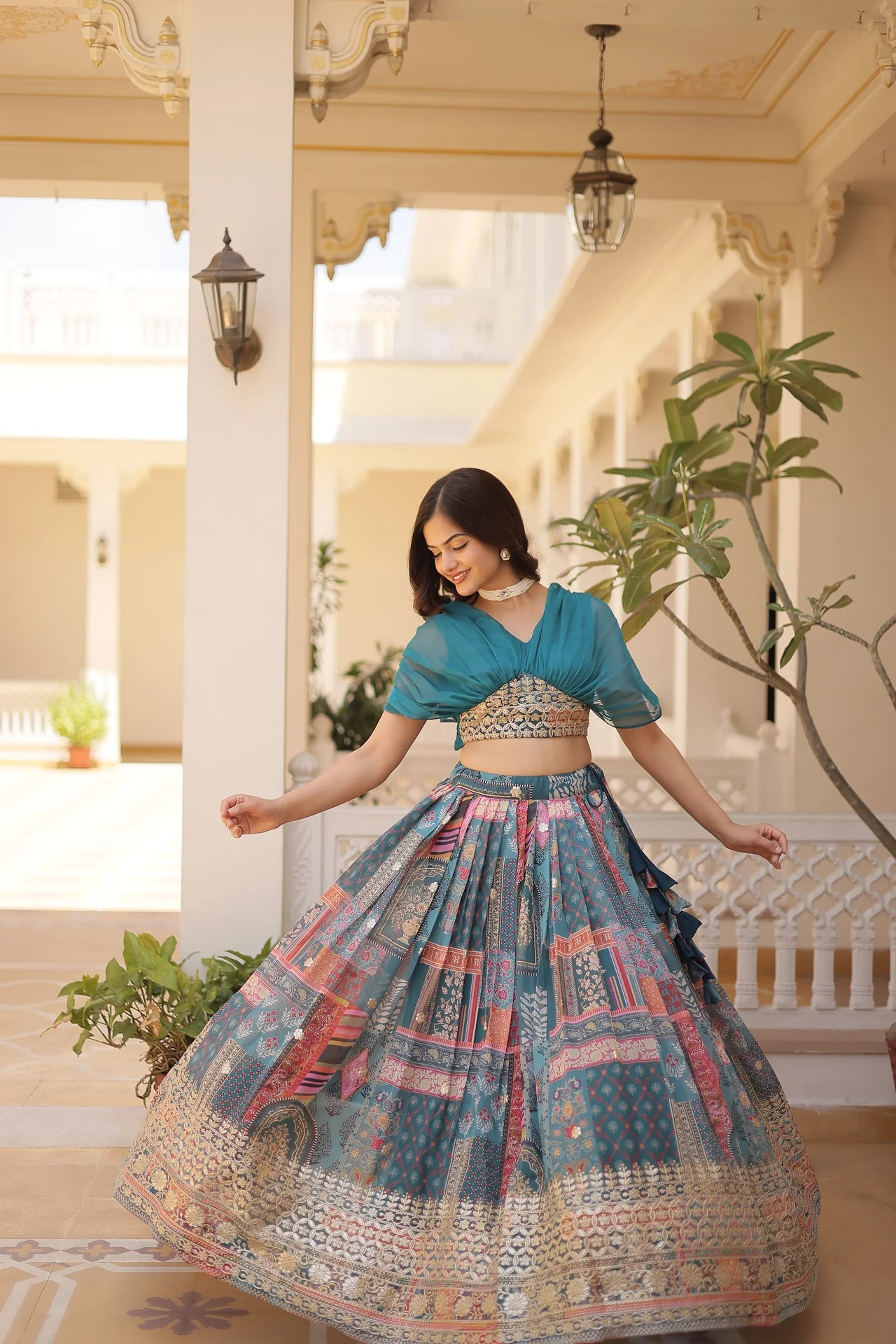Women's Russian Silk Lehenga Choli with Foil Embroidery in Teal — photo 5 of 7