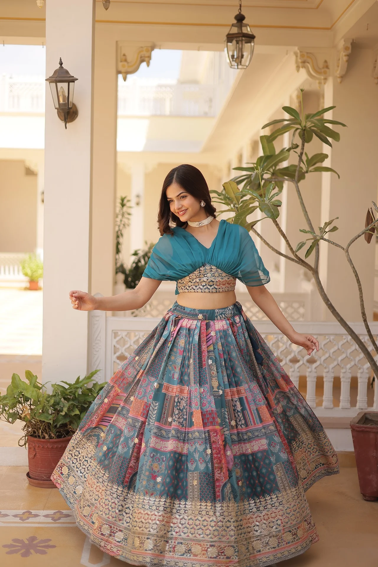 Women's Russian Silk Lehenga Choli with Foil Embroidery in Teal — photo 6 of 7