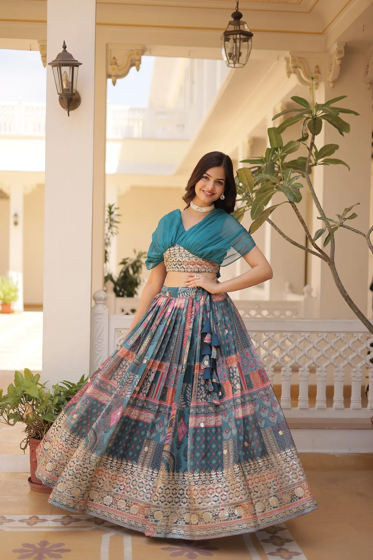 Women's Russian Silk Lehenga Choli with Foil Embroidery in Teal — photo 7 of 7