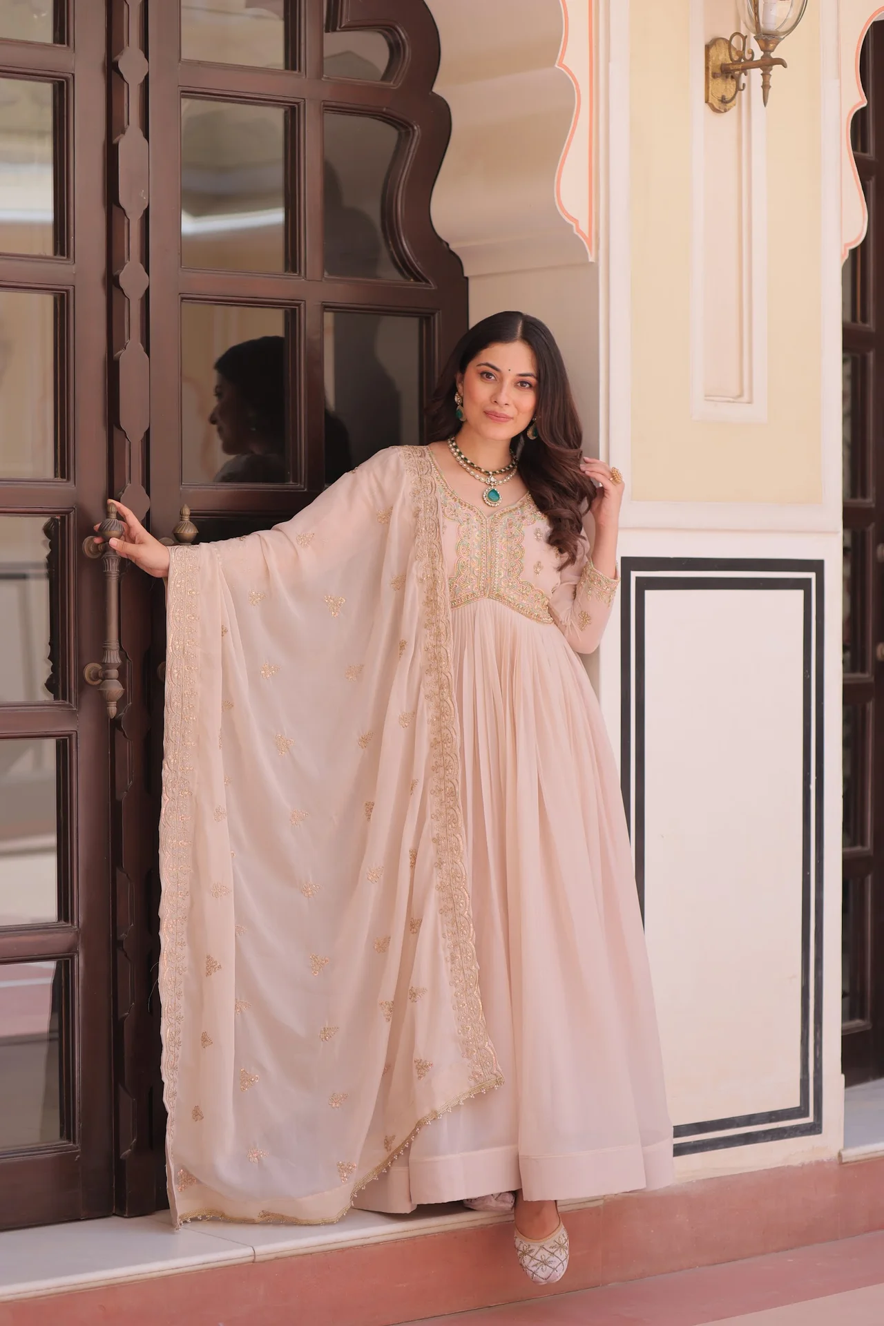Women's Star Georgette Embroidered Anarkali Gown with Dupatta in Cream — photo 2 of 9