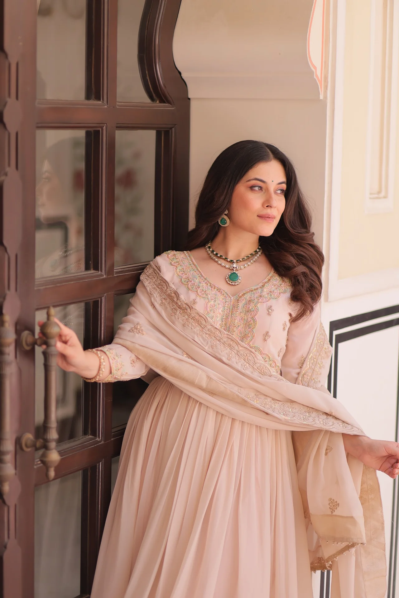 Women's Star Georgette Embroidered Anarkali Gown with Dupatta in Cream — photo 3 of 9