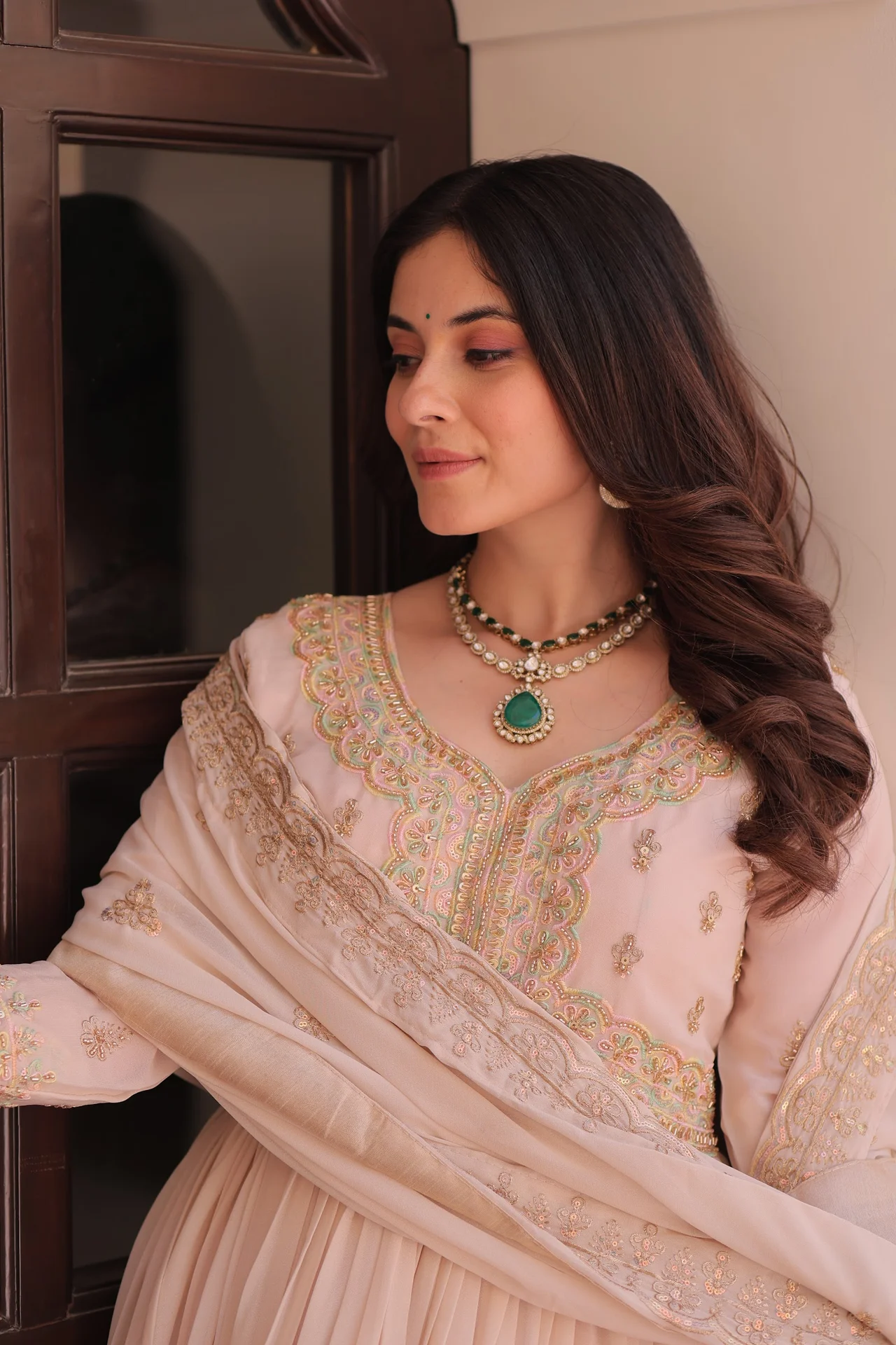 Women's Star Georgette Embroidered Anarkali Gown with Dupatta in Cream — photo 4 of 9