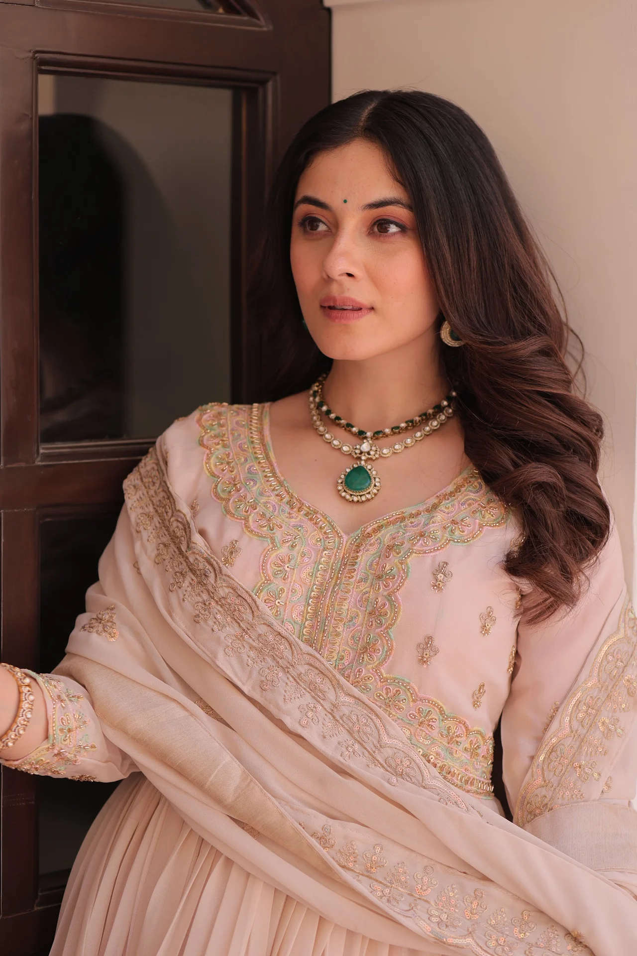 Women's Star Georgette Embroidered Anarkali Gown with Dupatta in Cream — photo 6 of 9
