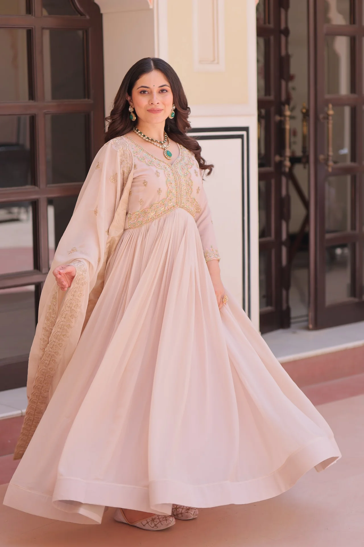 Women's Star Georgette Embroidered Anarkali Gown with Dupatta in Cream — photo 7 of 9
