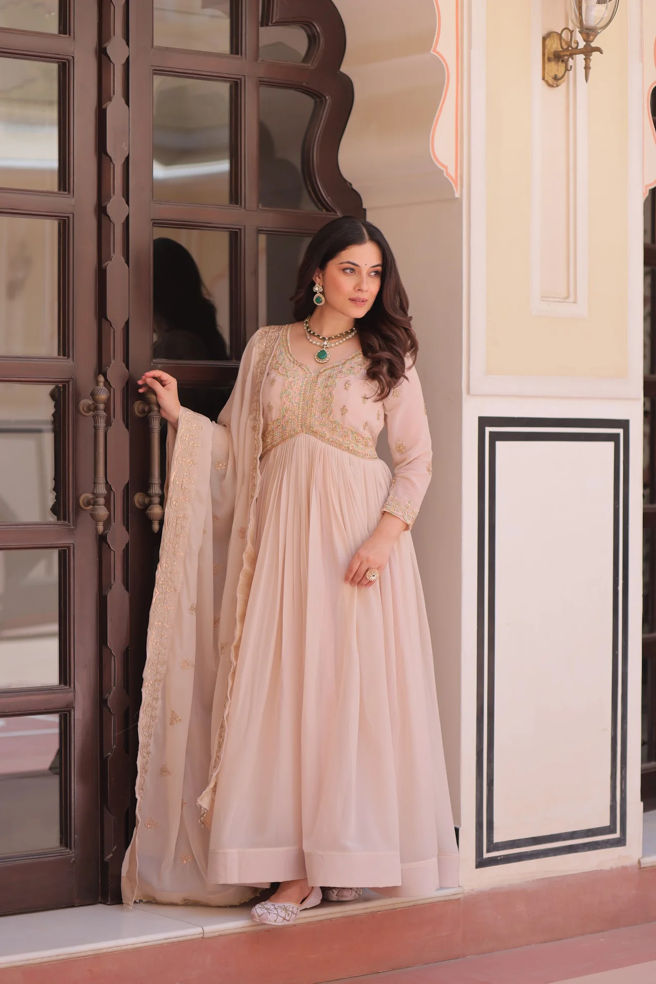 Women's Star Georgette Embroidered Anarkali Gown with Dupatta in Cream — photo 8 of 9