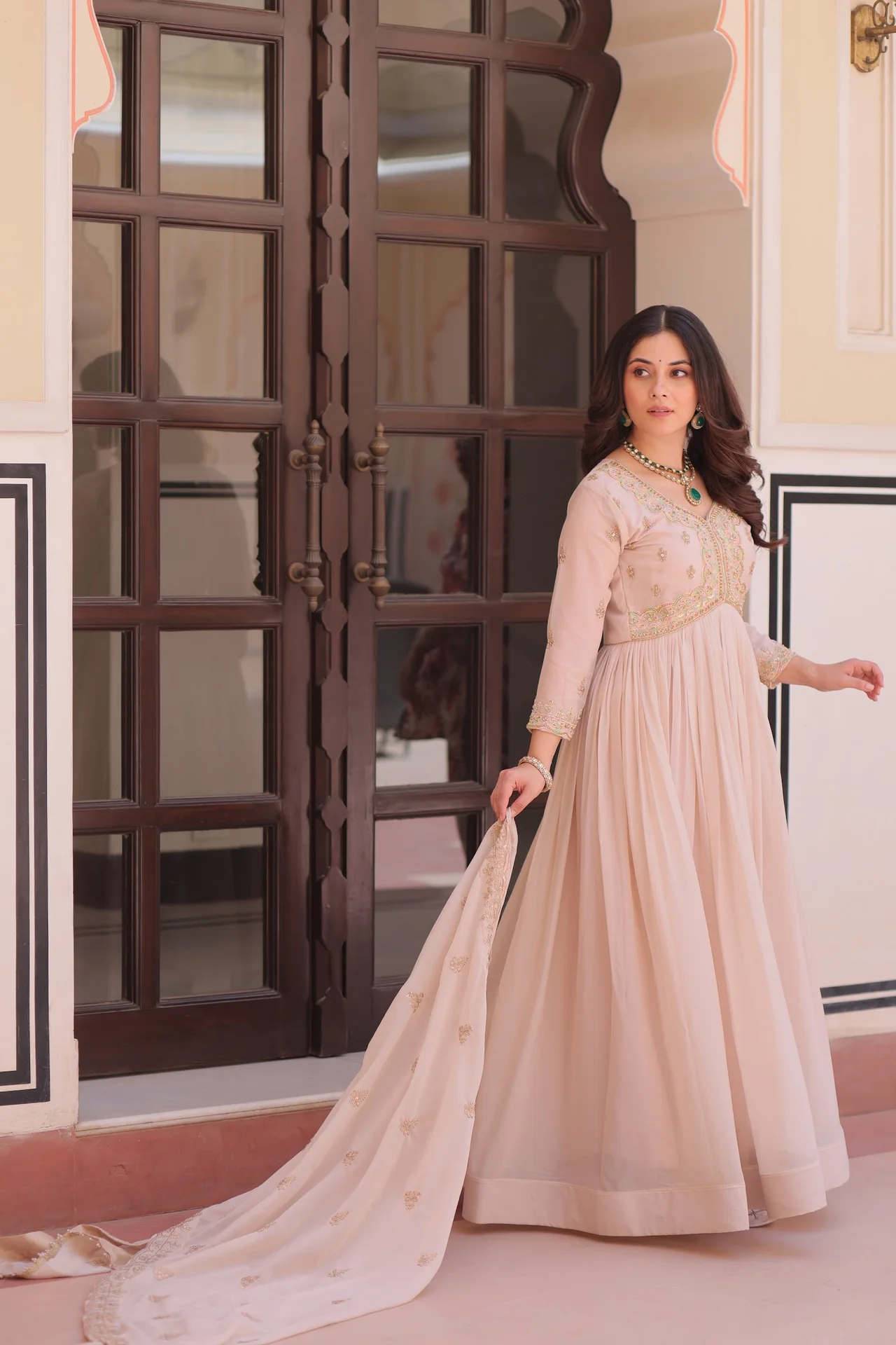 Women's Star Georgette Embroidered Anarkali Gown with Dupatta in Cream — photo 9 of 9