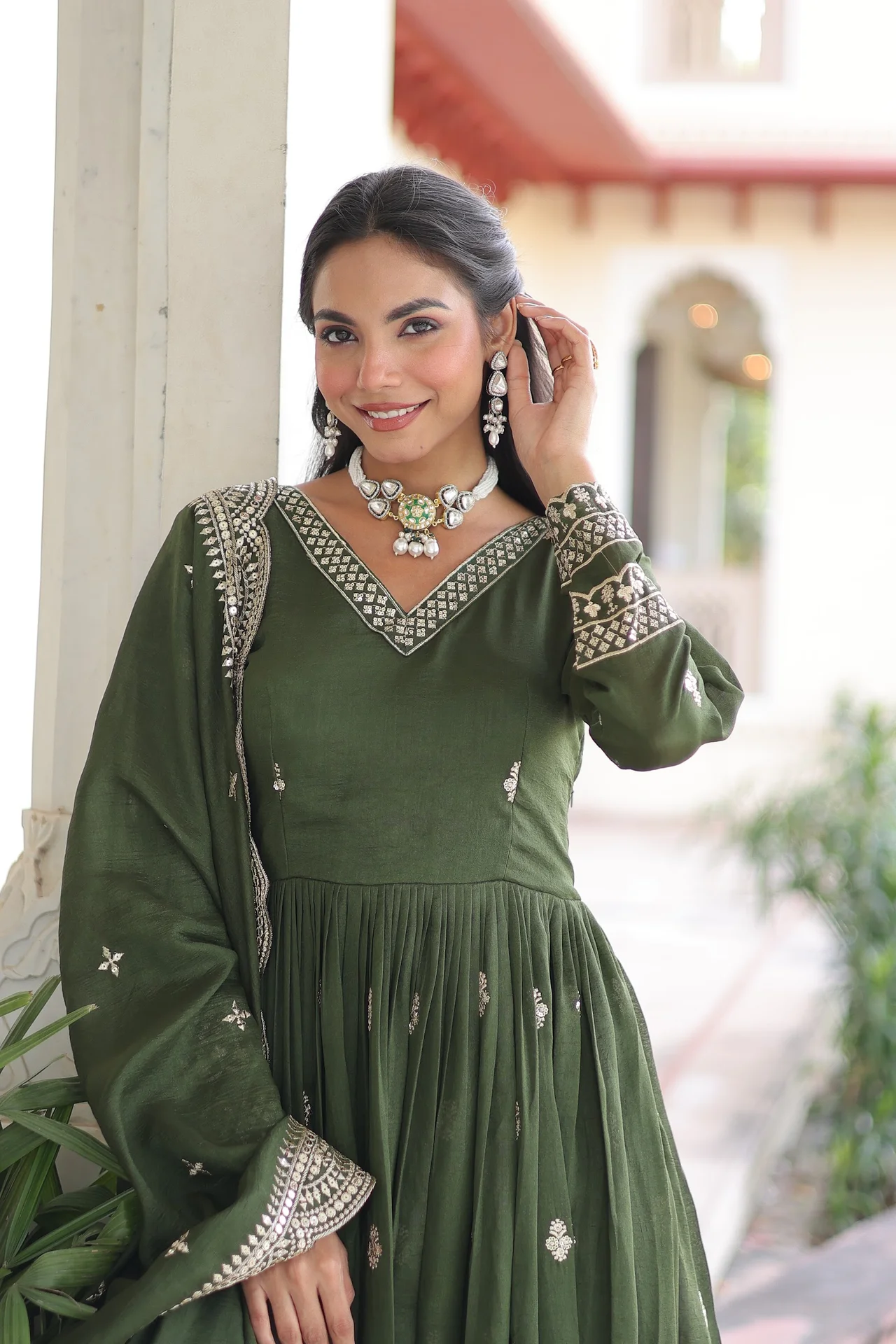 Women's Vichitra Silk Gown with Dupatta in Mehendi Green — photo 2 of 6