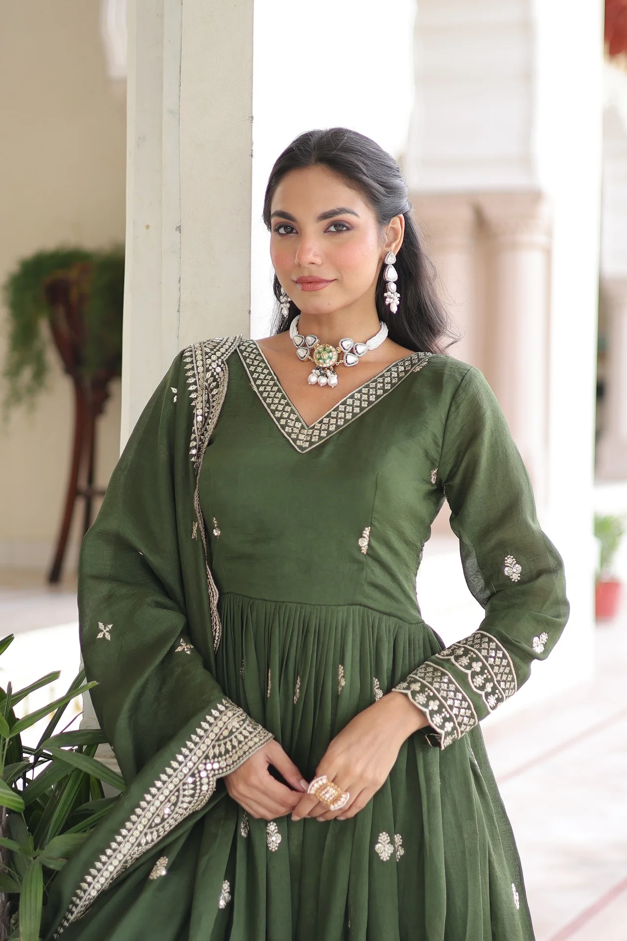 Women's Vichitra Silk Gown with Dupatta in Mehendi Green — photo 3 of 6