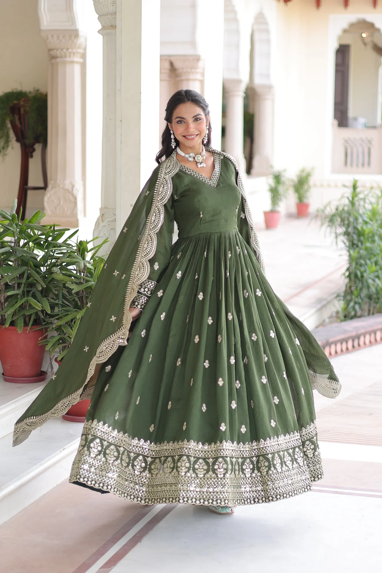 Women's Vichitra Silk Gown with Dupatta in Mehendi Green — photo 4 of 6