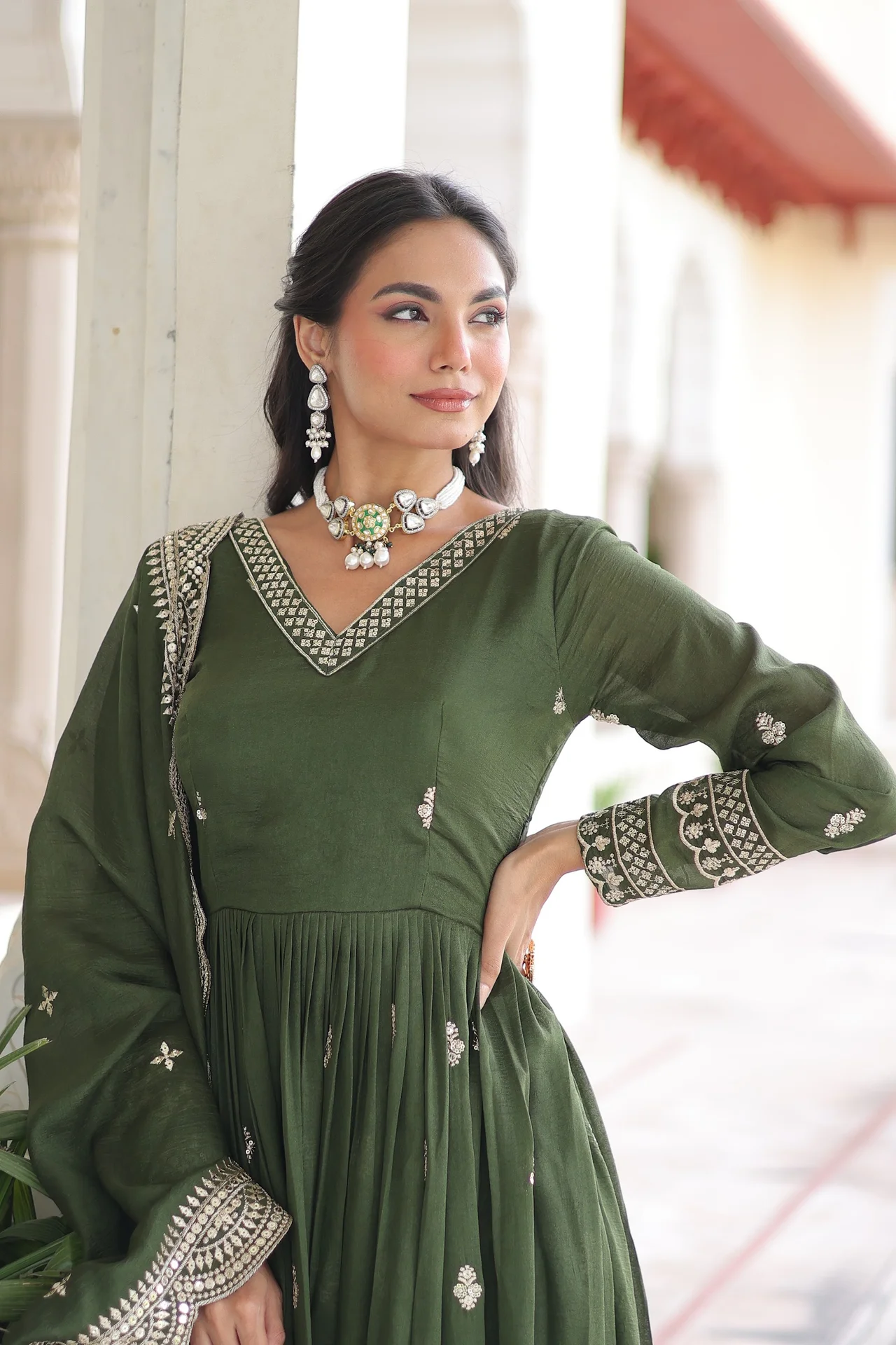 Women's Vichitra Silk Gown with Dupatta in Mehendi Green — photo 6 of 6