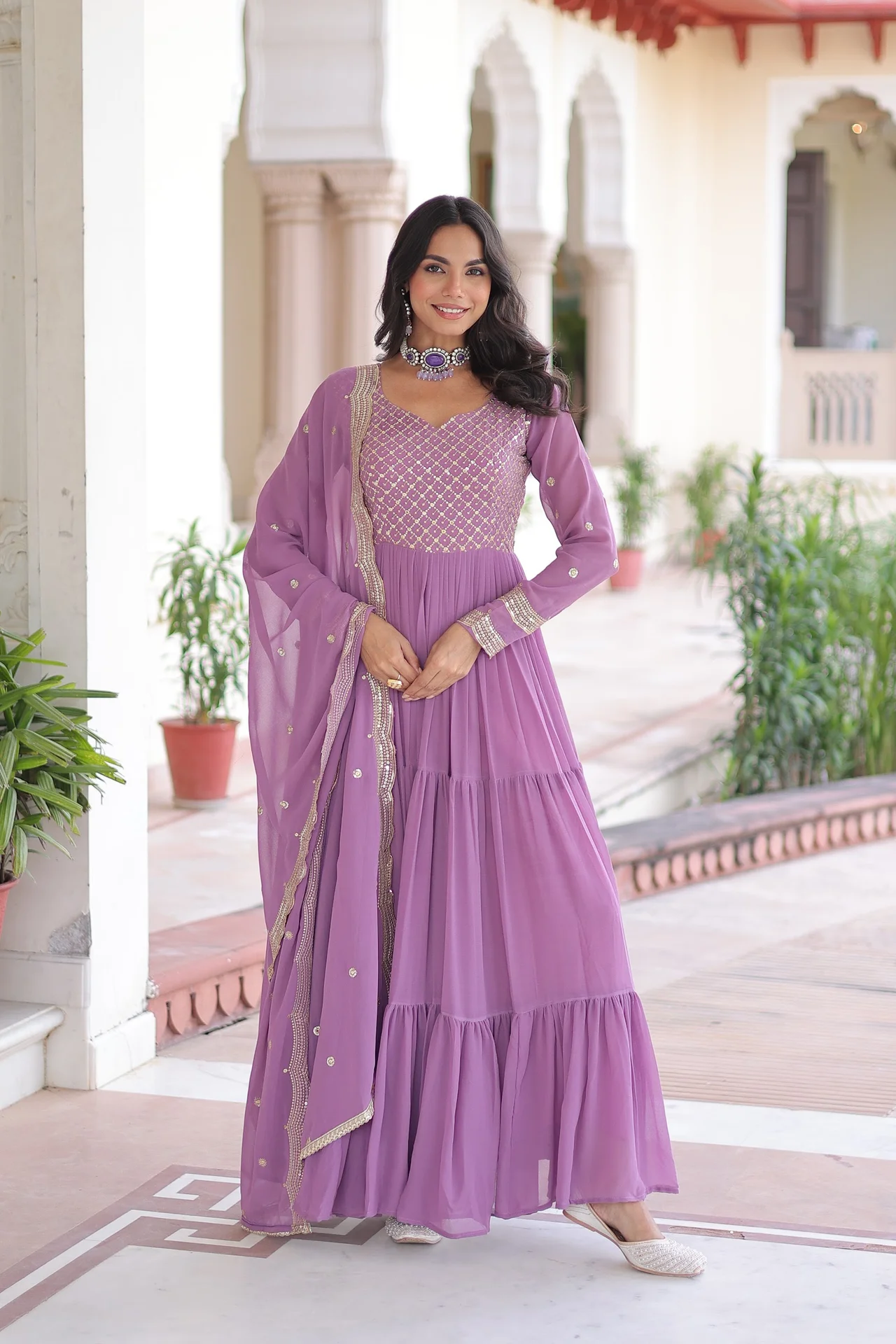 Women's Faux Georgette Gown with Dupatta in Lavender — photo 2 of 6