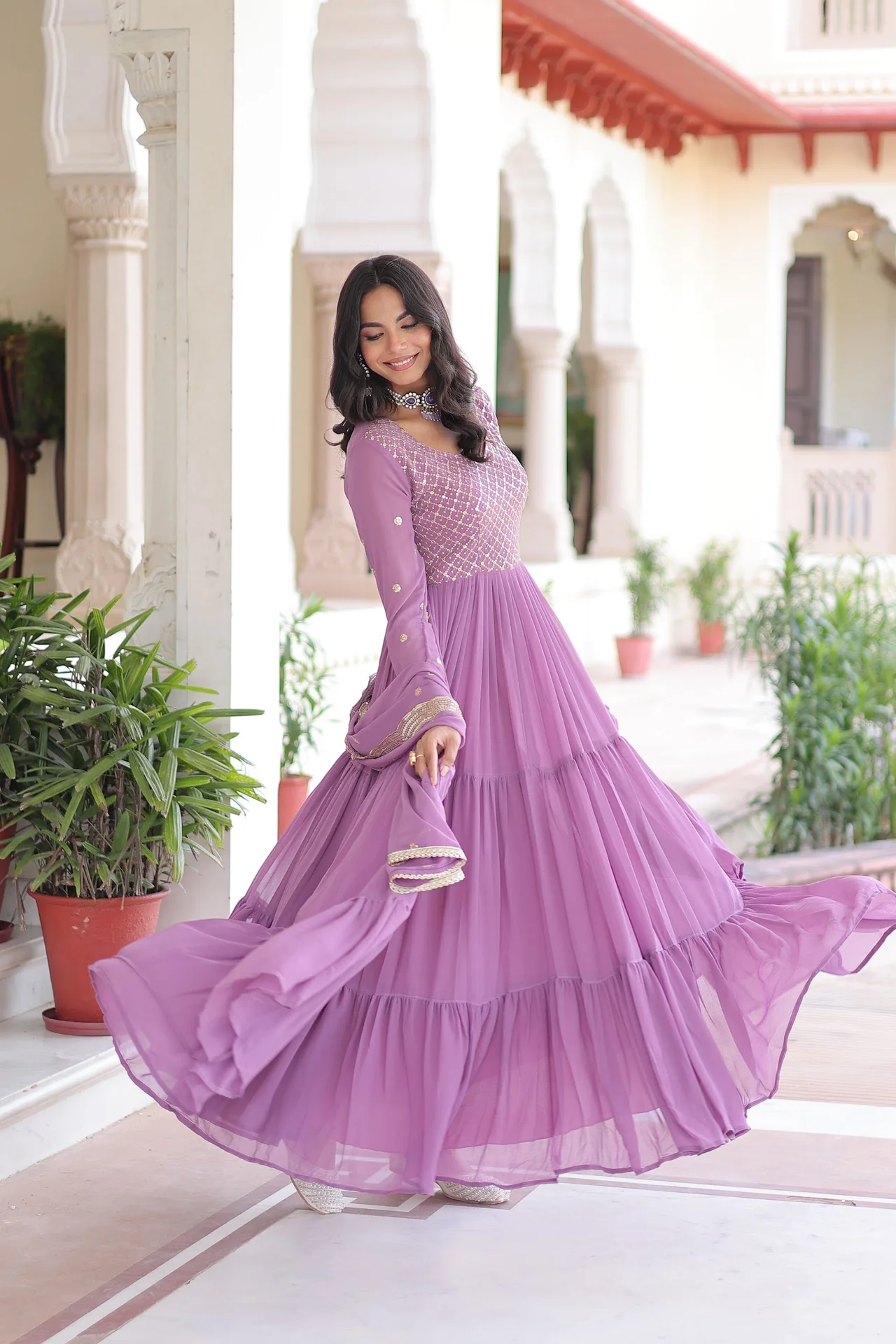 Women's Faux Georgette Gown with Dupatta in Lavender — photo 3 of 6