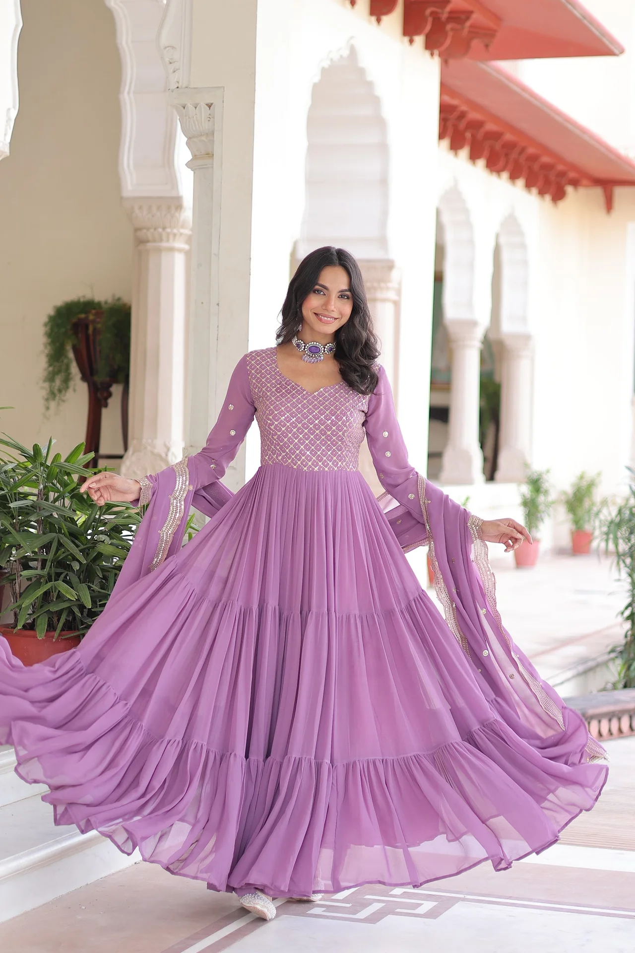 Women's Faux Georgette Gown with Dupatta in Lavender — photo 4 of 6