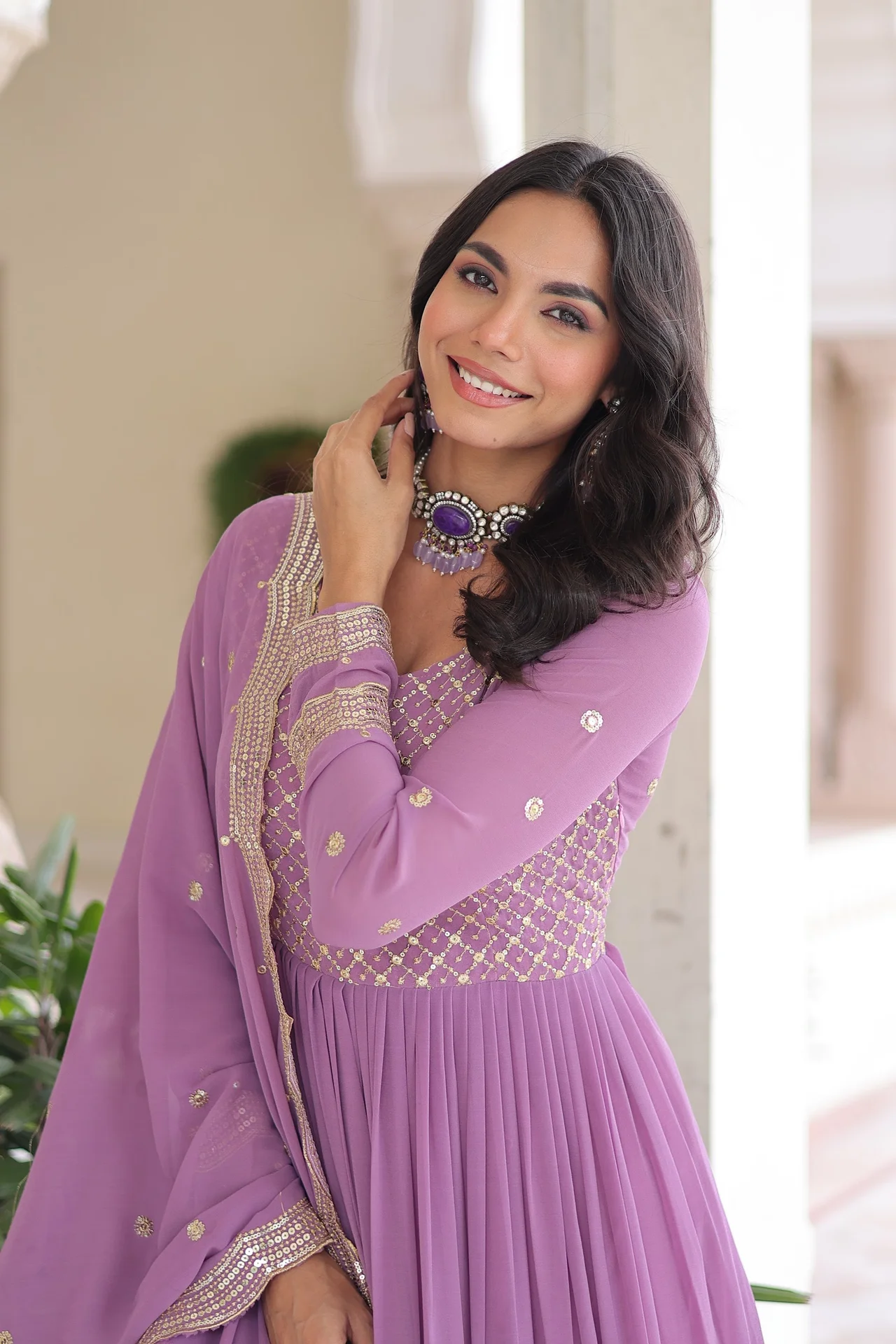 Women's Faux Georgette Gown with Dupatta in Lavender — photo 5 of 6