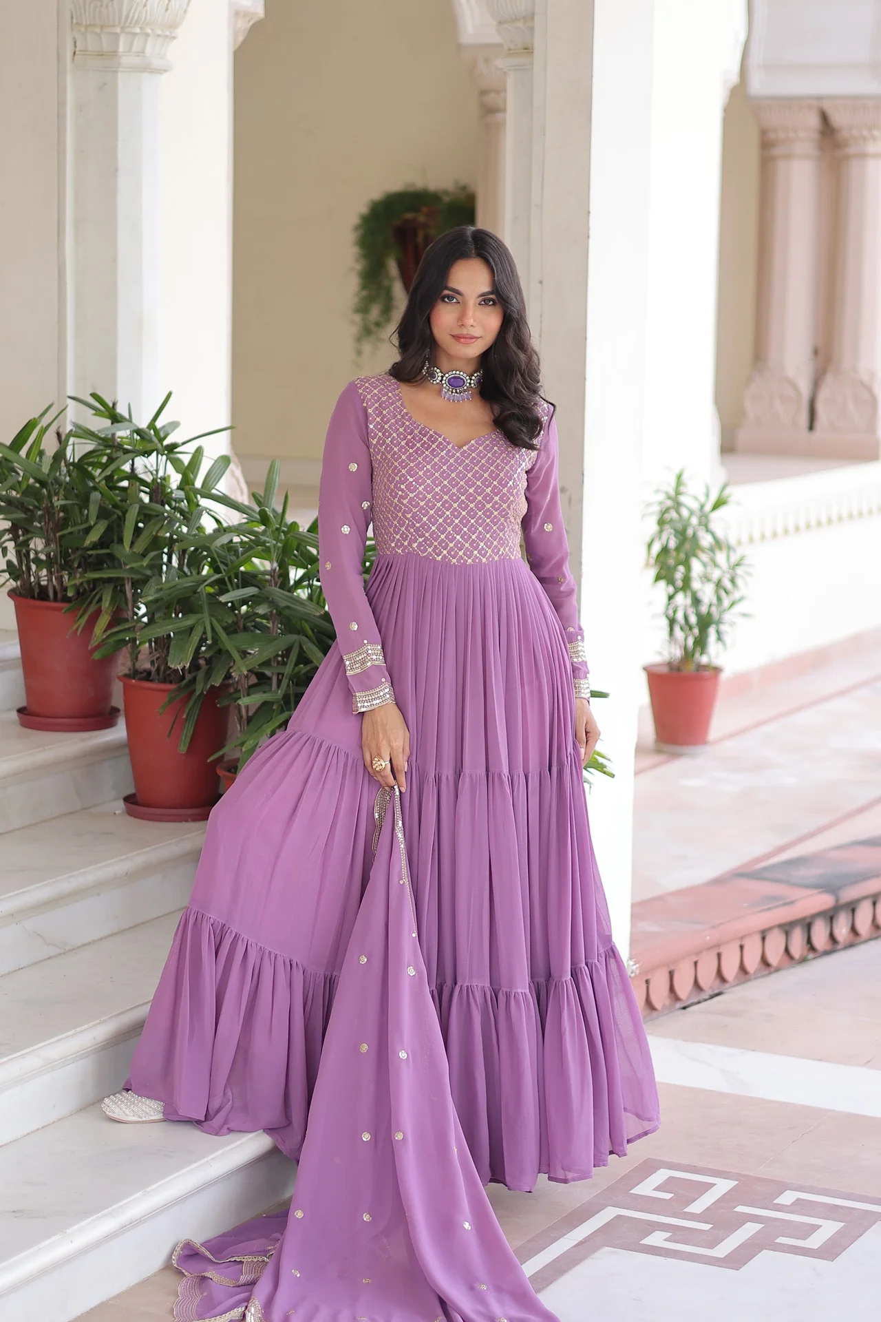 Women's Faux Georgette Gown with Dupatta in Lavender — photo 6 of 6