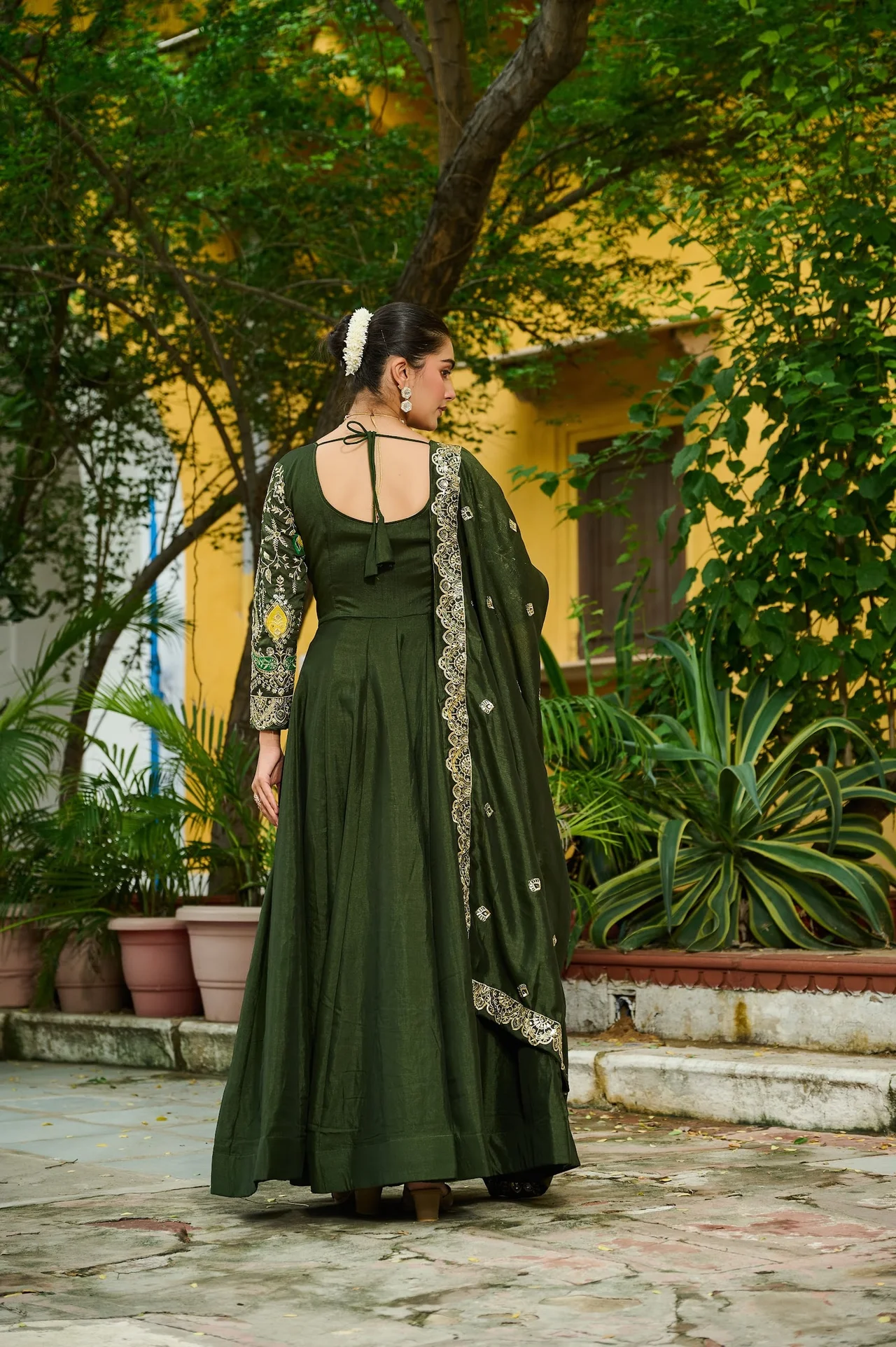 Women's Vichitra Silk Embroidered Gown with Dupatta in Mehendi Green — photo 2 of 7
