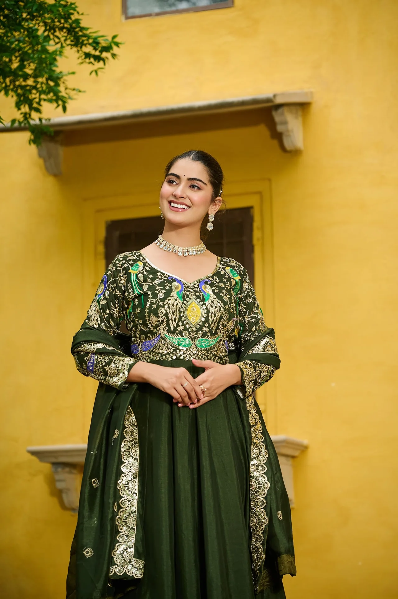 Women's Vichitra Silk Embroidered Gown with Dupatta in Mehendi Green — photo 3 of 7
