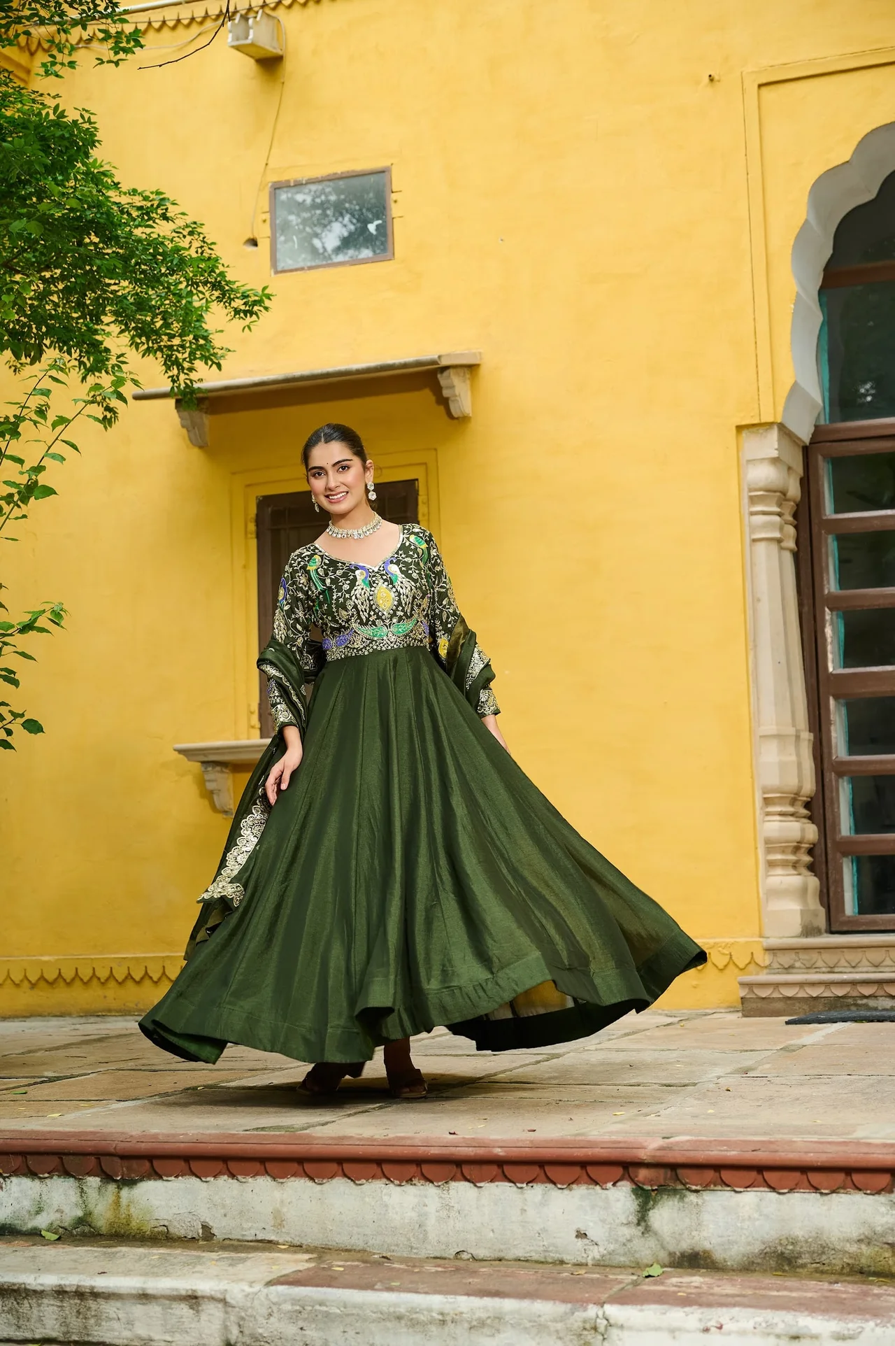 Women's Vichitra Silk Embroidered Gown with Dupatta in Mehendi Green — photo 4 of 7