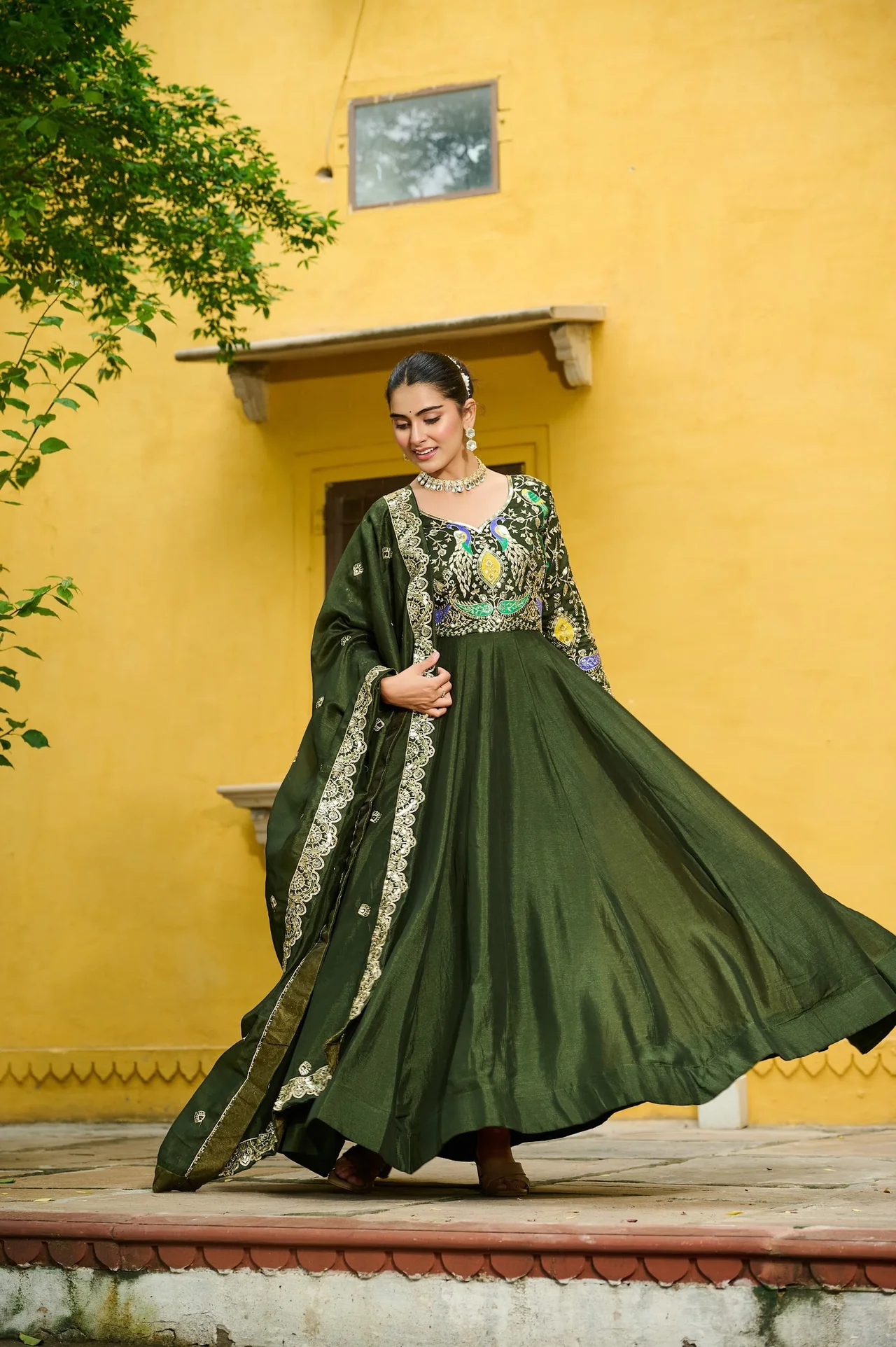 Women's Vichitra Silk Embroidered Gown with Dupatta in Mehendi Green — photo 5 of 7