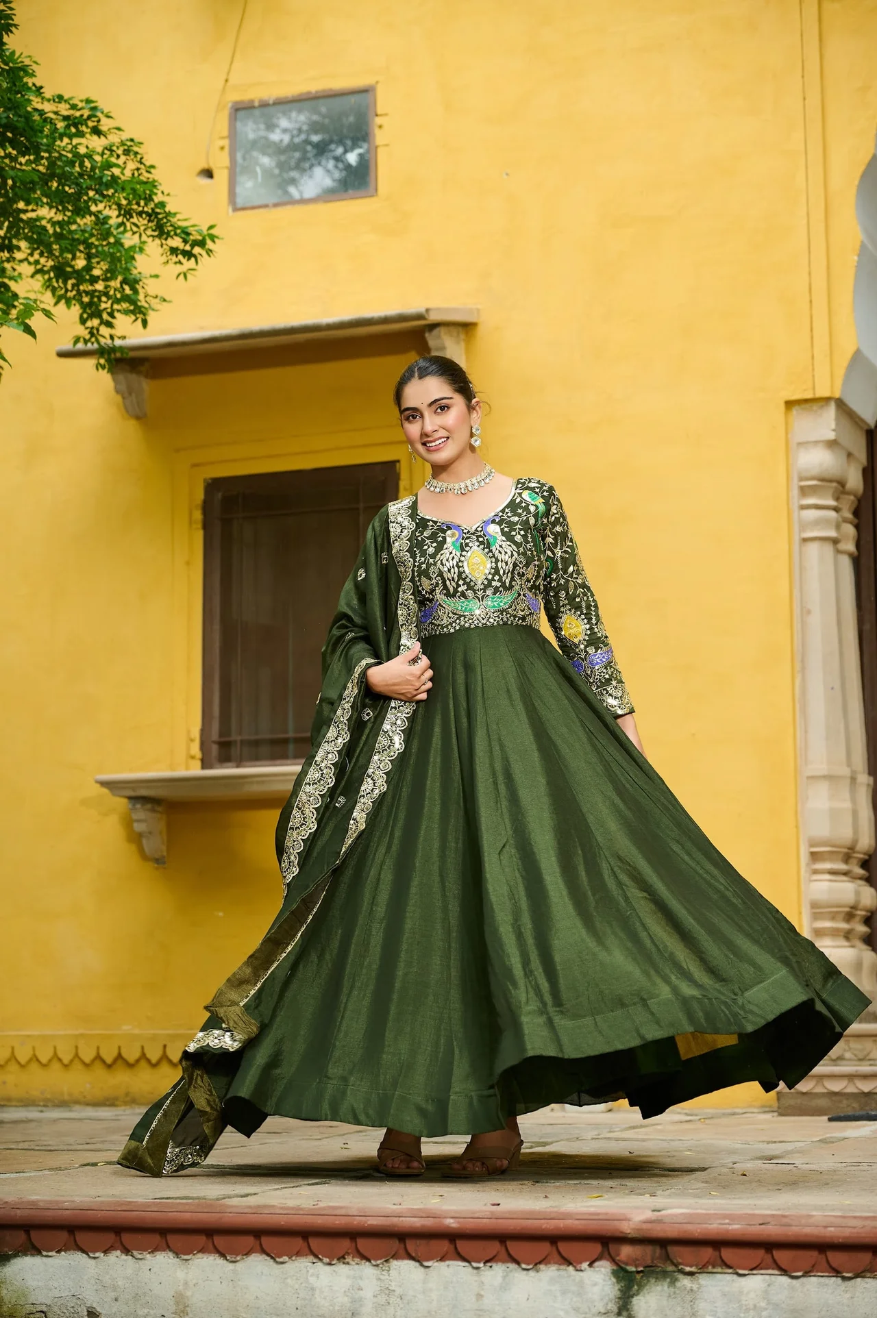 Women's Vichitra Silk Embroidered Gown with Dupatta in Mehendi Green — photo 6 of 7