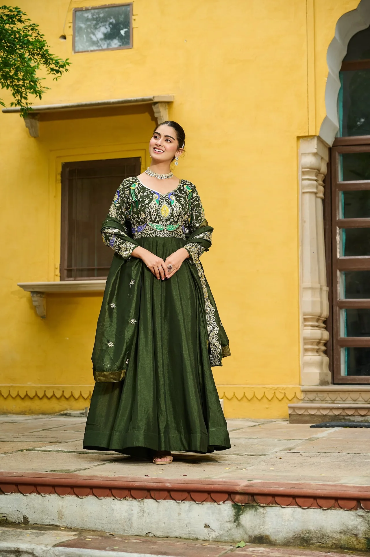 Women's Vichitra Silk Embroidered Gown with Dupatta in Mehendi Green — photo 7 of 7
