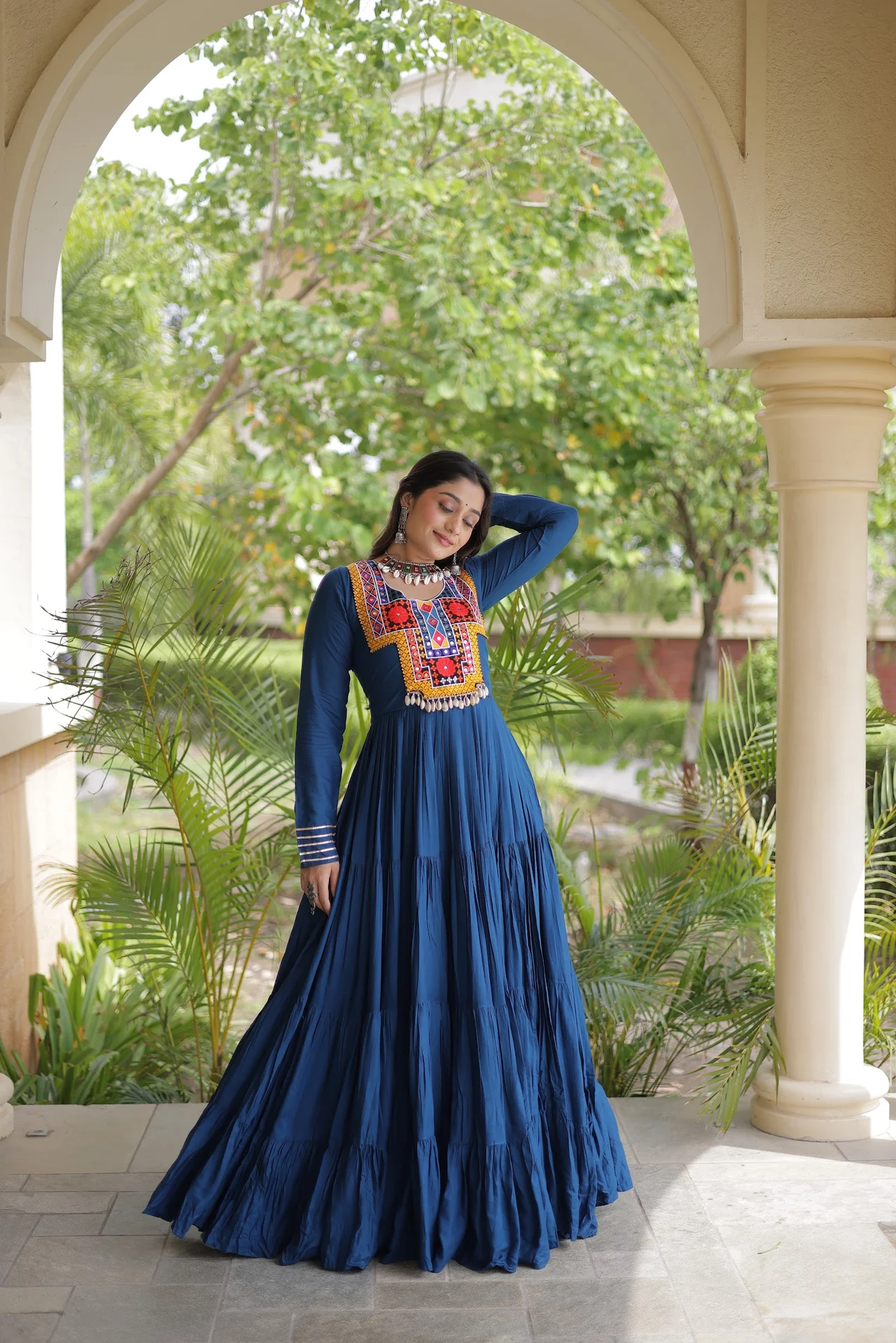 Women's Rayon Navratri Gown with Kutchi Embroidery in Teal — photo 3 of 7